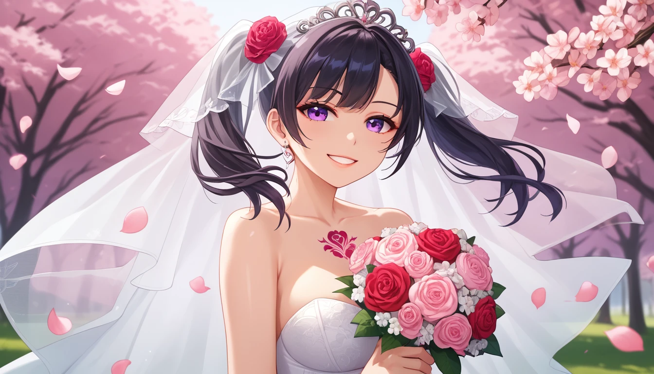 score_9, score_8_up, score_7_up,1 girl, solo, shiny skin, huahuo, mask on head, sash, black hair, twintails, purple eyes, fox mask, (Cherry blossom tattoo, chest tattoo:1.1),  (masterpiece, top quality, best quality, official art, beautiful and aesthetic:1.2), extremely detailed, official artstyle, highest detailed, parted lips,wallpaper, (happiness, beautiful smile, happy expression, happy face), ((Wedding dress, chies, Bridal veil, Wedding, Bouquet)),(cowboy shot), holding a flower, cowboy shot, rose flower on hair