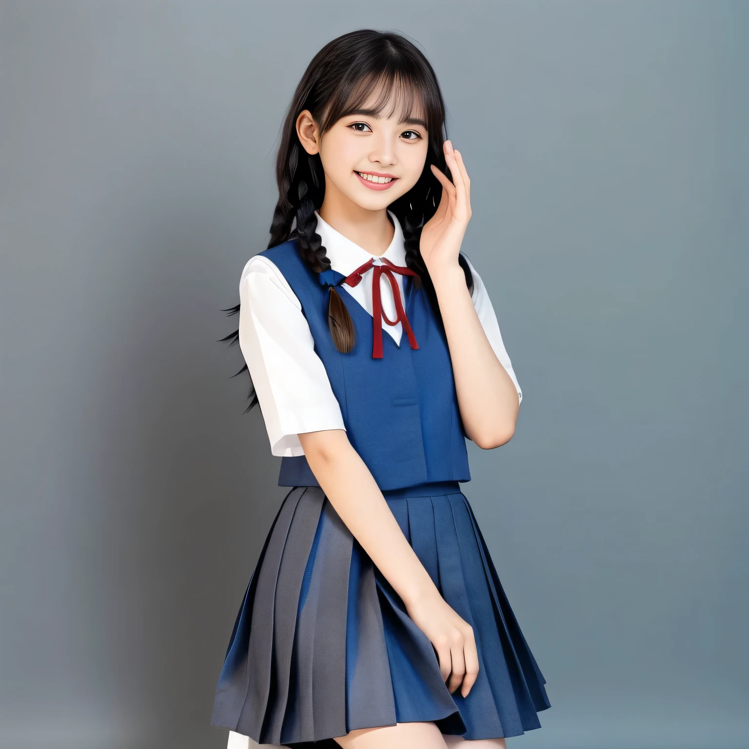 (Highest quality, masterpiece:1.2), Highest quality, High resolution, 1080P, 8k, height: 158cm, (A **** Japanese fashion model is seated, showing her palms, looking at the viewer, showing her cutest smile, using face-whitening cosmetics, prominent cool eyes, opened laughing giggling open mouth, gray-gray-blue school summer uniform with gray-gray-blue vest and widely-boxed-pleats-short-skirt and silk blouse and red breast ribbon pulled by her hands, twin-braids long hair: 1.5), (white thighs and knees: 1.7), (Well-balanced, prominent, Intelligent, drooping, double-eyelids, brown shiny large prominent eyes with detailed: 1.5), (gray-gray-blue school uniform with gray-gray-blue vest and boxed-pleats-skirt, short-sleeves silk blouse, glossy red breast ribbon: 1.5), ((Beautiful well-figured glossy opened lips like fortissimo soprano singer: 1.2)), (mature breast), (Girl whom everyone loves because of her beauty and beautiful eyes and lovely fashion and noble manner), (Very beautiful, glossy, cute neat black hair, twin-braids hair-style: 1.3), (Drives me crazy for her glossy neat hair and Make me fall into love), (plain blue background: 1.6), (Best style like a **** fashion model, mature breast), (((Completely balanced beautiful big big eyes, looking at me))), (eyes, face and hair are especially beautifully detailed and beautifully drawn: 1.5), (Satisfactory best shot by professional famous photographer for school girl's beauty: 1.5), (The soft white light clearly shows her face extremely white: 1.2), (Very soft laughing cheeks, very soft hands pulling the breast ribbon down, People who touch it feel eternal pleasure: 1.2), (**** nicola fashion magazine model: 1.8)