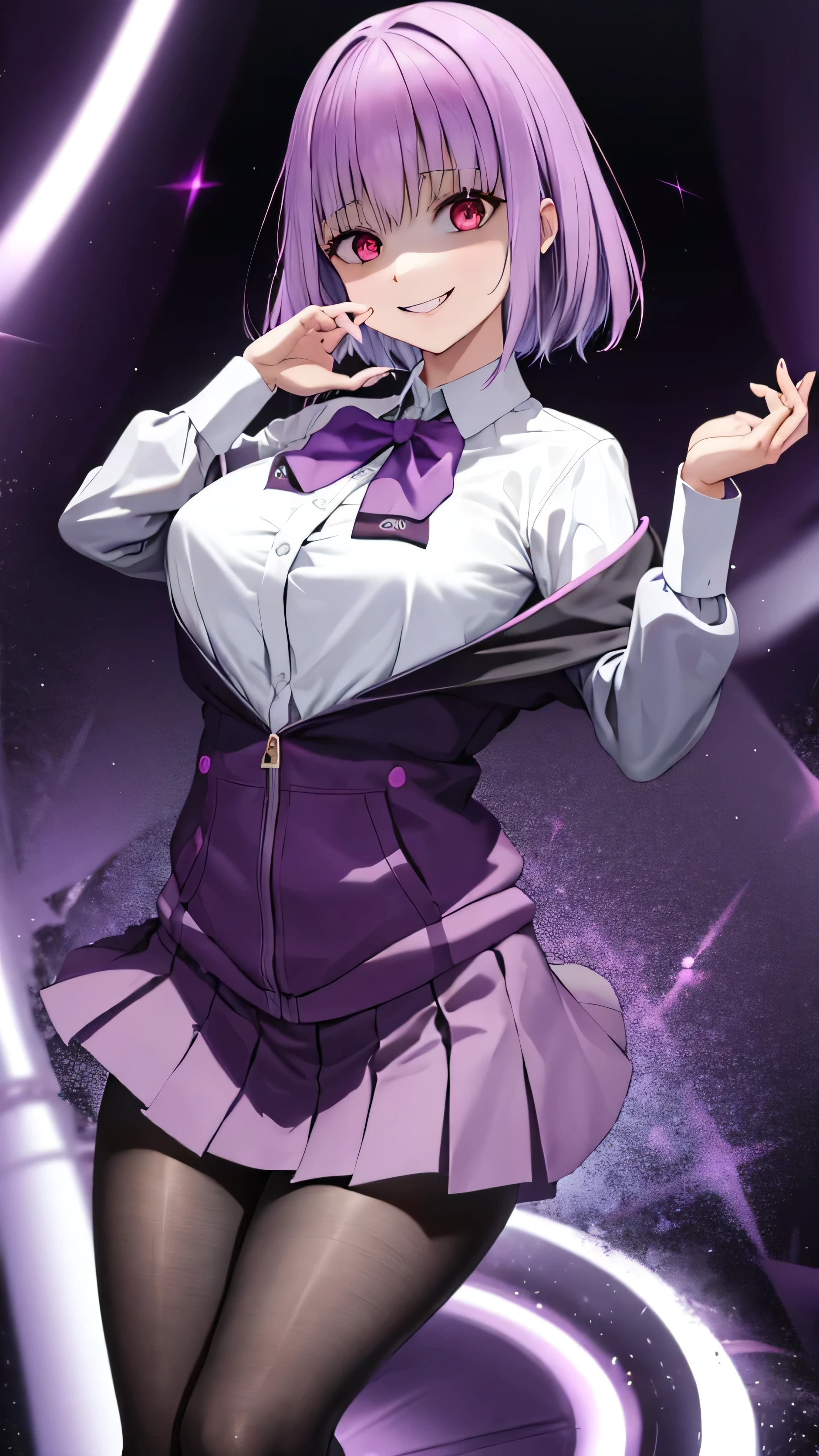 masterpiece, Best Quality,  Kampala, Shinjo Akane, One Girl, Alone, pantyhose, shirt, bow,  purple  jacket,  jacket, white shirt,  Long Sleeve , short hair,, collared shirt, , Open clothes, bowtie, purple bow, Chest, bangs, Red eyes, Off the shoulder, open  jacket,  sleeve is longer than the wrist,  light purple hair , purple bowtie, ,   cowboy shot,Too evil, Overlooking the Audience ,,,Dark shadowed face,Smiling Face,Big Monster ,Dark purple background,Two Hands,Five fingers,Evil Darkness,Sadistic smile,black ink swirl,disturbig purple light 