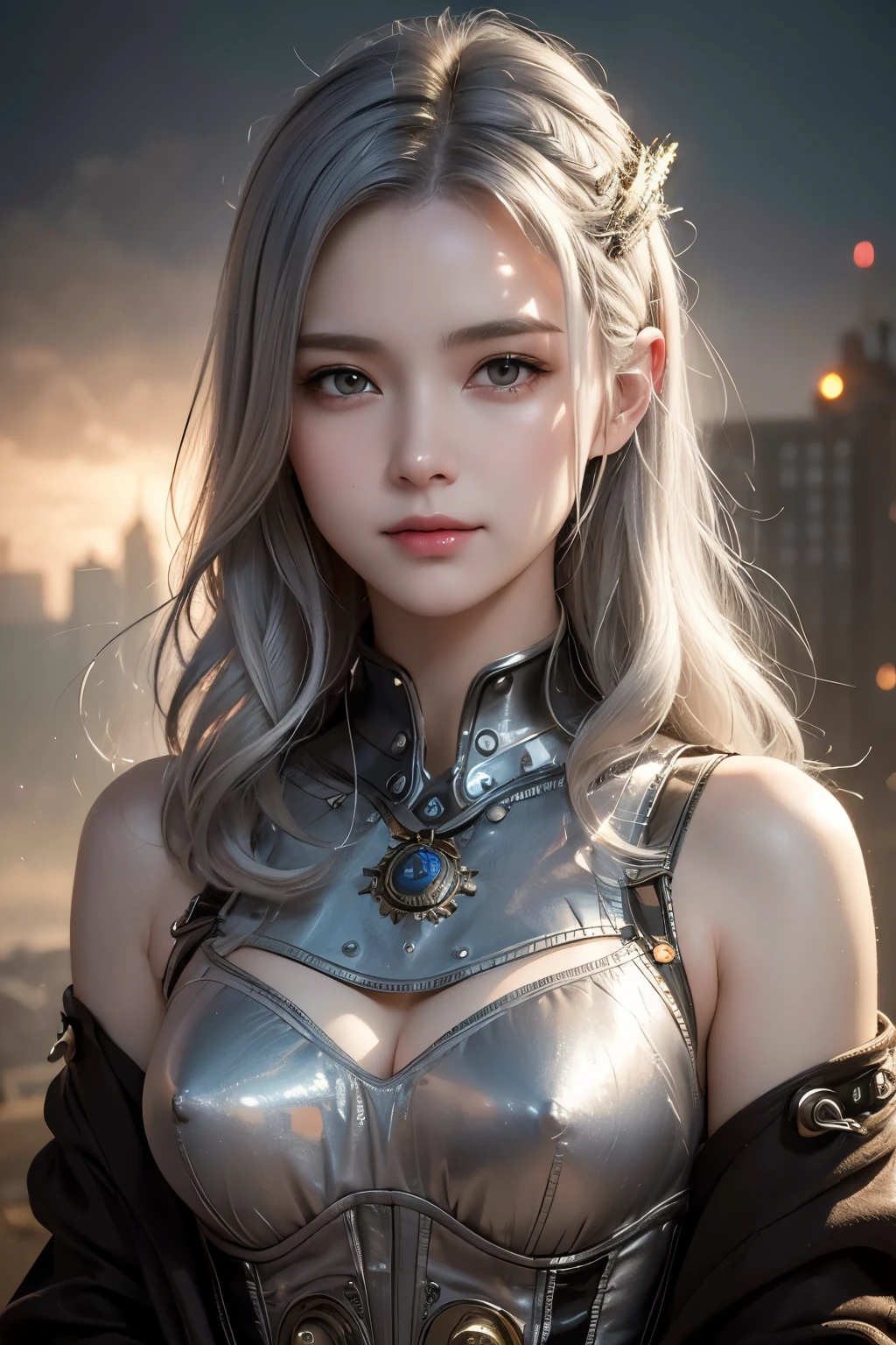 (masterpiece), (highest quality), ultra-detailed, (photorealistic), (young beautiful woman), (lonely smile), realistic skin, (long dark silver-gray bob hair with gentle waves), (focus on face), steampunk fiction, (small bust size), portrait, retro feature world, 19th century British cyberpunk world, large-scale low-tech steam engine mechanism, oppressive dark sky, Tyndall effect, intricate decorative details, dramatic atmosphere, atmospheric perspective, soft focus, deep shadows, fantastical beauty, dull colors, low overall saturation and brightness,