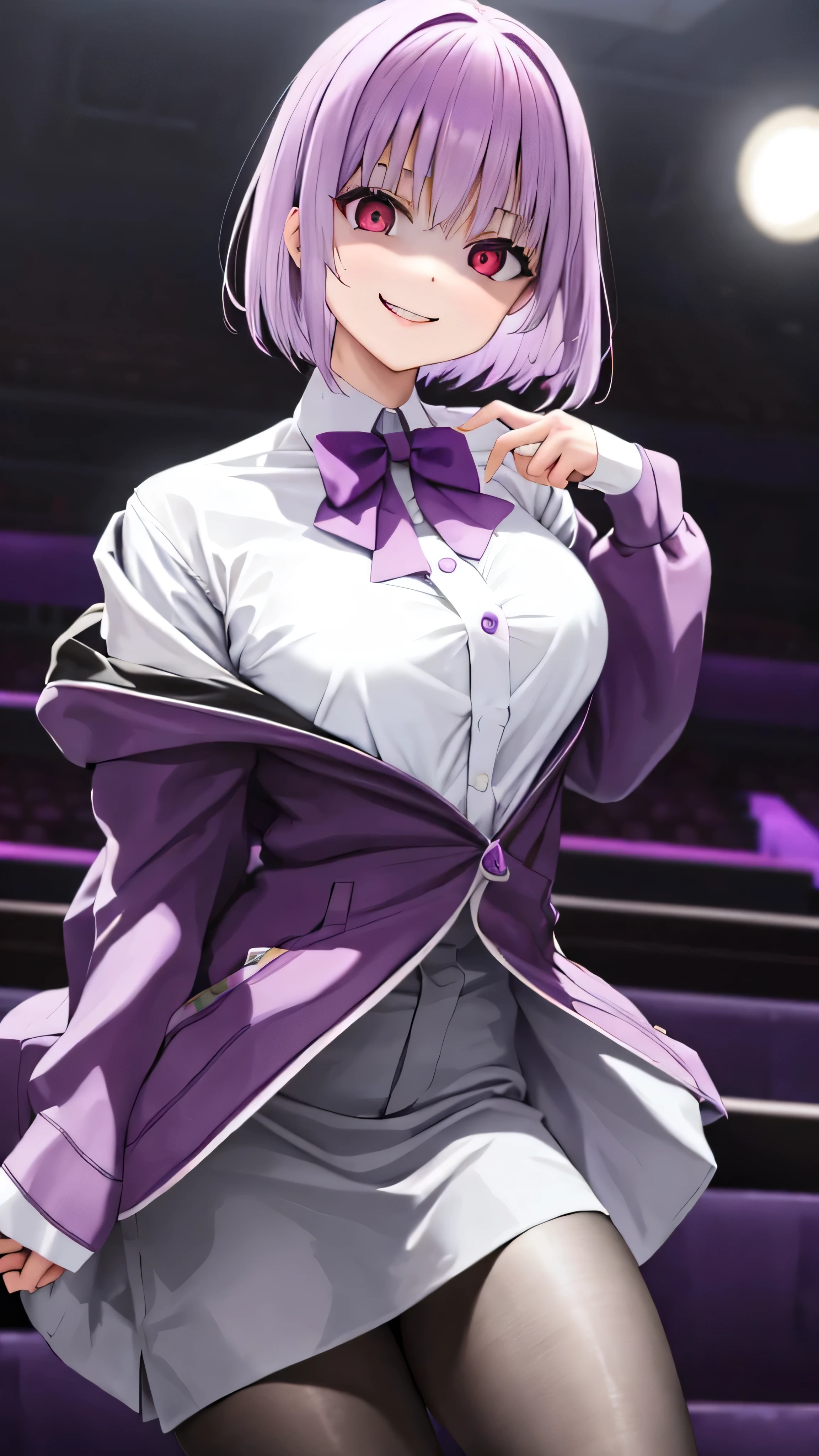 masterpiece, Best Quality,  Kampala, Shinjo Akane, One Girl, Alone, pantyhose, shirt, bow,  purple  jacket,  jacket, white shirt,  Long Sleeve , short hair,, collared shirt, , Open clothes, bowtie, purple bow, Chest, bangs, Red eyes, Off the shoulder, open  jacket,  sleeve is longer than the wrist,  light purple hair , purple bowtie, ,   cowboy shot,Too evil, Overlooking the Audience ,,,Dark shadowed face,Smiling Face,Big Monster ,Dark purple background,Two Hands,Five fingers,Evil Darkness,Sadistic smile,black ink swirl,disturbig purple light 