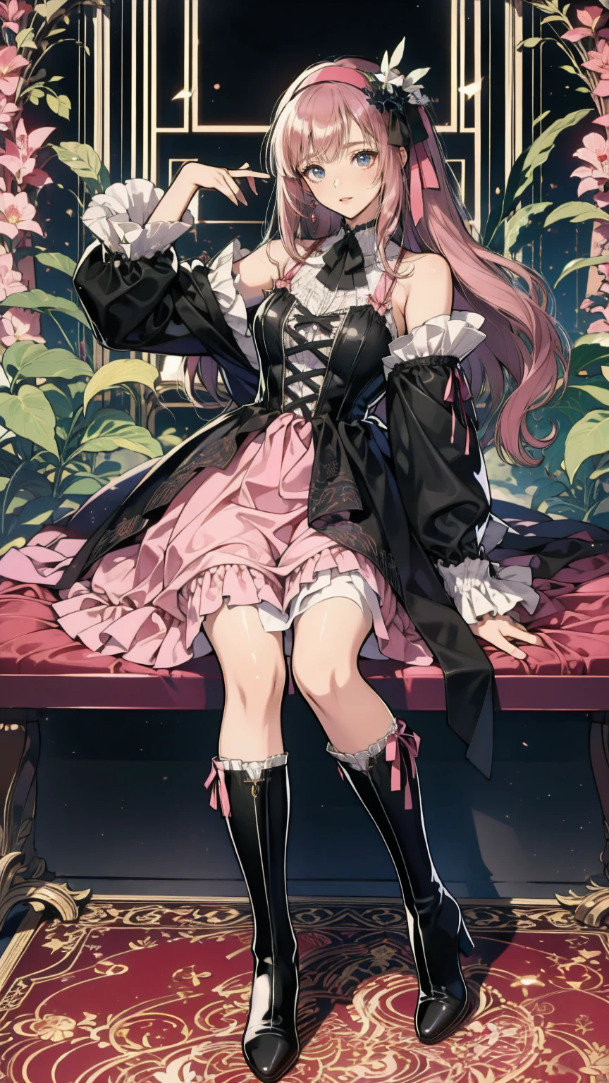   anime style 、story、、 Beautiful Girls、とてもcute天使、  pink gothic dress 、cute、baby face、smile、  long skirt  、   black boots 、Very cute headband
