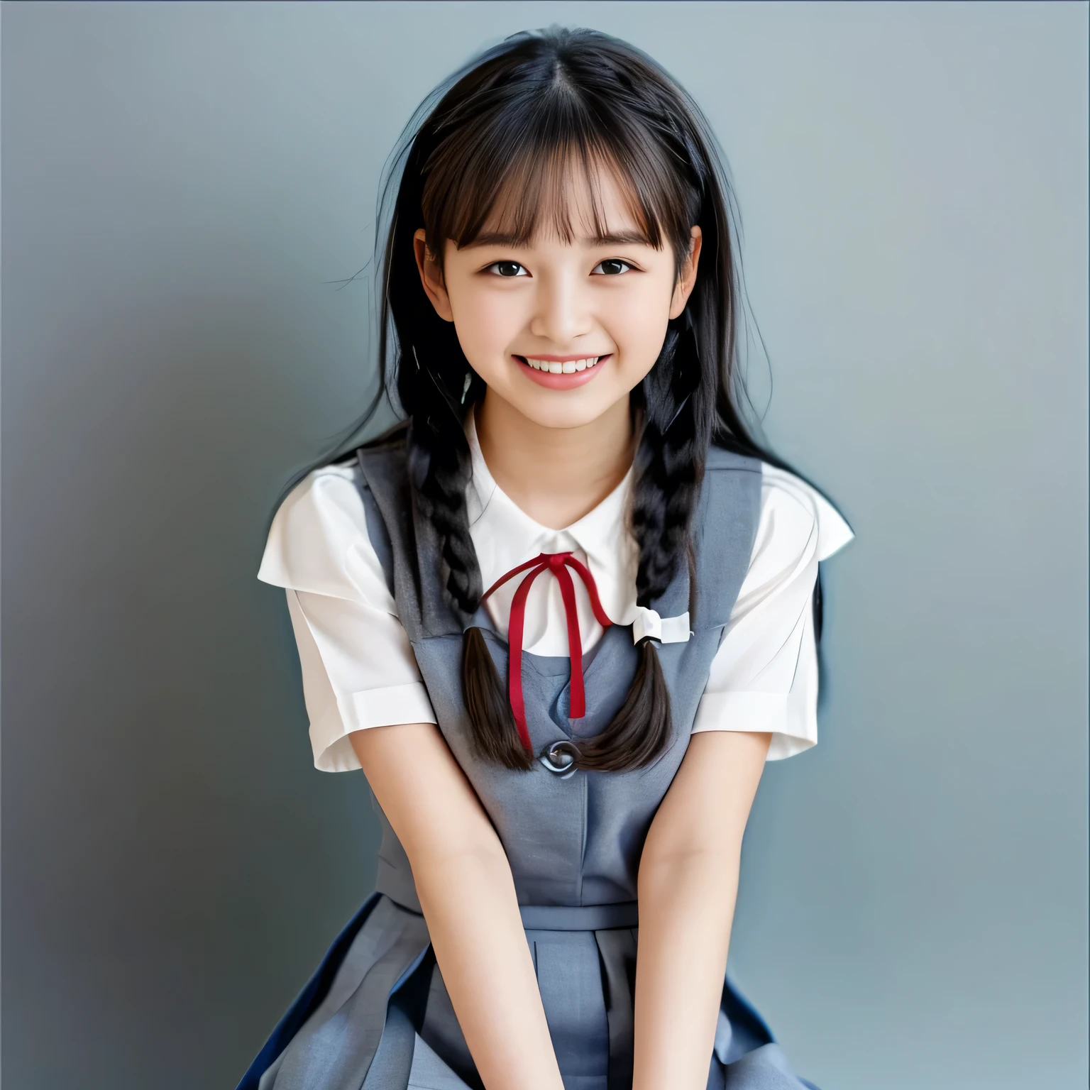 (Highest quality, masterpiece:1.2), Highest quality, High resolution, 1080P, 8k, height: 158cm, (A 13yo Japanese fashion model is seated, showing her palms, looking at the viewer, showing her cutest smile, using face-whitening cosmetics, prominent cool eyes, opened laughing giggling open mouth, gray-gray-blue school summer uniform with gray-gray-blue vest and widely-boxed-pleats-short-skirt and silk blouse and red breast ribbon pulled by her hands, twin-braids long hair: 1.5), (white thighs and knees: 1.7), (Well-balanced, prominent, Intelligent, drooping, double-eyelids, brown shiny large prominent eyes with detailed: 1.5), (gray-gray-blue school uniform with gray-gray-blue vest and boxed-pleats-skirt, short-sleeves silk blouse, glossy red breast ribbon: 1.5), ((Beautiful well-figured glossy opened lips like fortissimo soprano singer: 1.2)), (mature breast), (Girl whom everyone loves because of her beauty and beautiful eyes and lovely fashion and noble manner), (Very beautiful, glossy, cute neat black hair, twin-braids hair-style: 1.3), (Drives me crazy for her glossy neat hair and Make me fall into love), (plain blue background: 1.6), (Best style like a 13yo fashion model, mature breast), (((Completely balanced beautiful big big eyes, looking at me))), (eyes, face and hair are especially beautifully detailed and beautifully drawn: 1.5), (Satisfactory best shot by professional famous photographer for school girl's beauty: 1.5), (The soft white light clearly shows her face extremely white: 1.2), (Very soft laughing cheeks, very soft hands pulling the breast ribbon down, People who touch it feel eternal pleasure: 1.2), (13yo nicola fashion magazine model: 1.8)