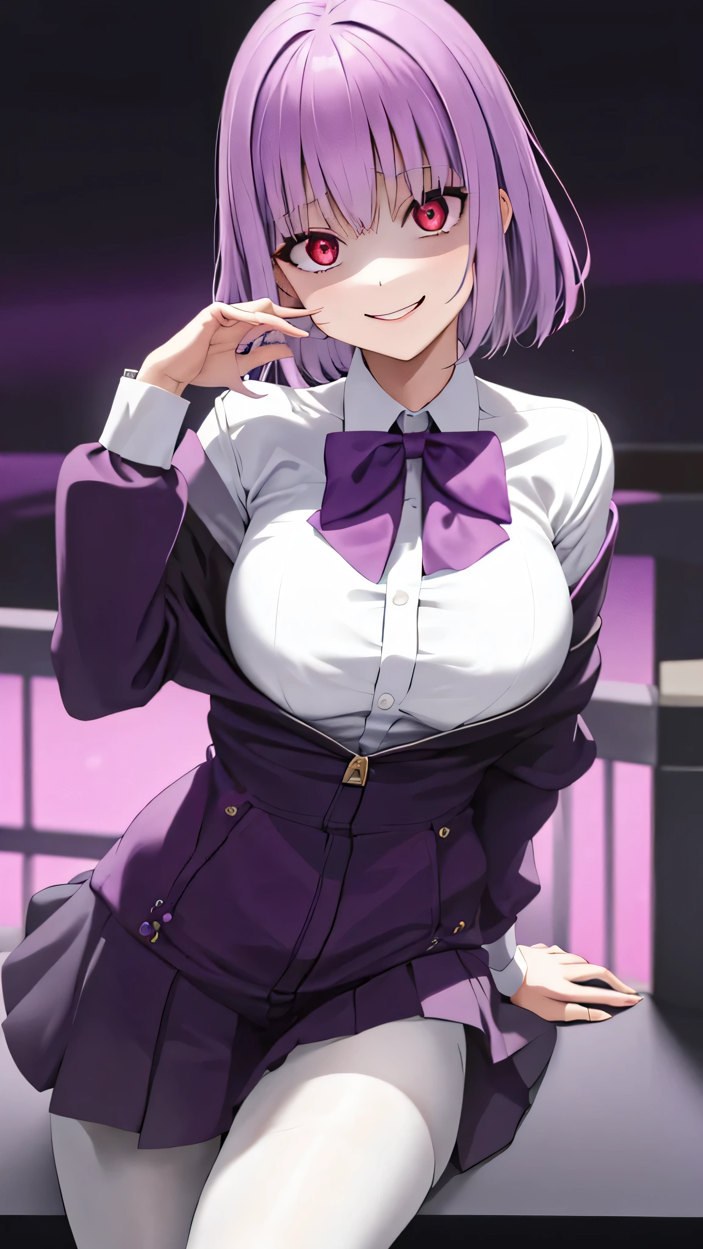 masterpiece, Best Quality,  Kampala, Shinjo Akane, One Girl, Alone, pantyhose, shirt, bow,  purple  jacket,  jacket, white shirt,  Long Sleeve , short hair,, collared shirt, , Open clothes, bowtie, purple bow, Chest, bangs, Red eyes, Off the shoulder, open  jacket,  sleeve is longer than the wrist,  light purple hair , purple bowtie, ,   cowboy shot,Too evil, Overlooking the Audience ,,,Dark shadowed face,Smiling Face,Big Monster ,Dark purple background,Two Hands,Five fingers,Evil Darkness,Sadistic smile,black ink swirl,disturbig purple light 