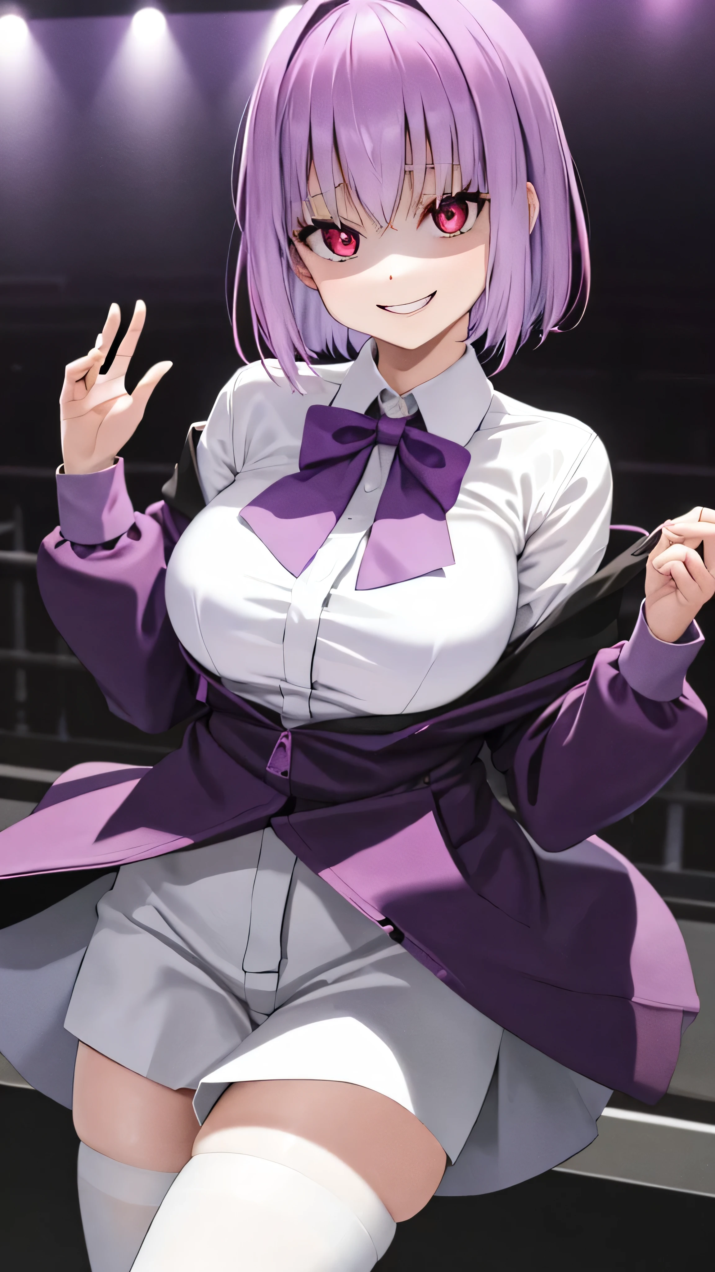 masterpiece, Best Quality,  Kampala, Shinjo Akane, One Girl, Alone, pantyhose, shirt, bow,  purple  jacket,  jacket, white shirt,  Long Sleeve , short hair,, collared shirt, , Open clothes, bowtie, purple bow, Chest, bangs, Red eyes, Off the shoulder, open  jacket,  sleeve is longer than the wrist,  light purple hair , purple bowtie, ,   cowboy shot,Too evil, Overlooking the Audience ,,,Dark shadowed face,Smiling Face,Big Monster ,Dark purple background,Two Hands,Five fingers,Evil Darkness,Sadistic smile,black ink swirl,disturbig purple light 