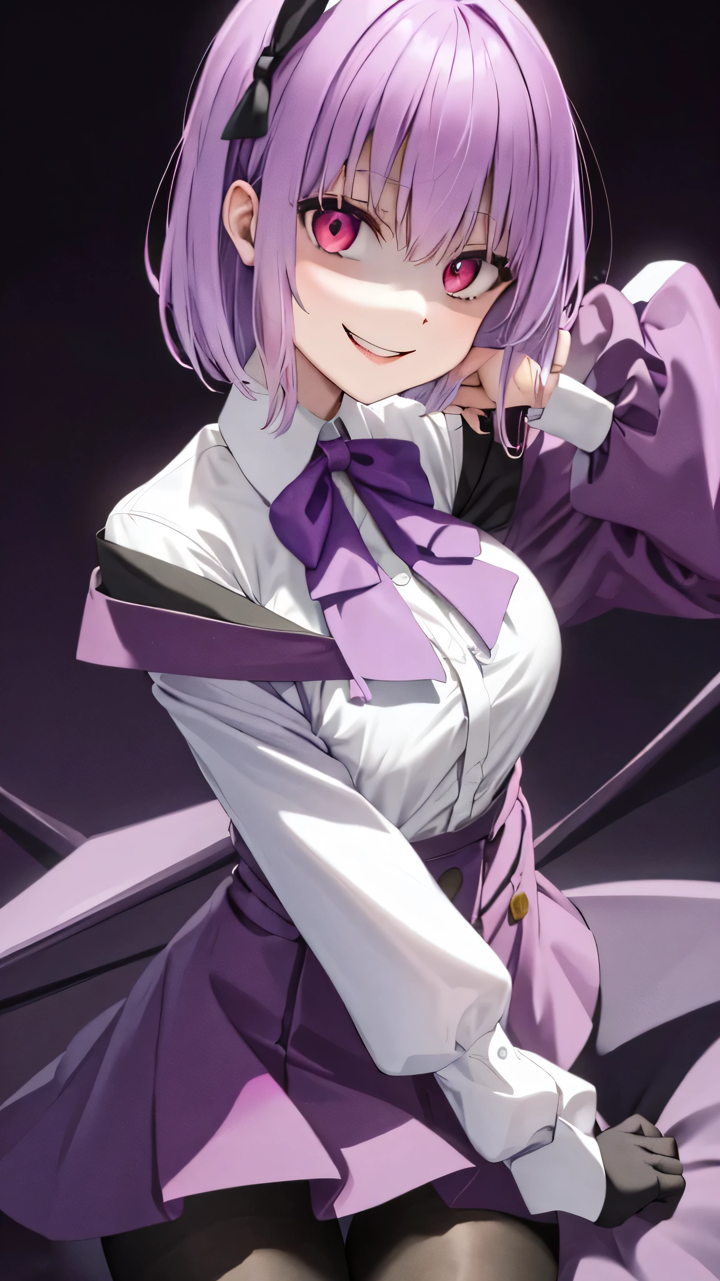 masterpiece, Best Quality,  Kampala, Shinjo Akane, One Girl, Alone, pantyhose, shirt, bow,  purple  jacket,  jacket, white shirt,  Long Sleeve , short hair,, collared shirt, , Open clothes, bowtie, purple bow, Chest, bangs, Red eyes, Off the shoulder, open  jacket,  sleeve is longer than the wrist,  light purple hair , purple bowtie, ,   cowboy shot,Too evil, Overlooking the Audience ,,,Dark shadowed face,Smiling Face,Big Monster ,Dark purple background,Two Hands,Five fingers,Evil Darkness,Sadistic smile,black ink swirl,disturbig purple light 