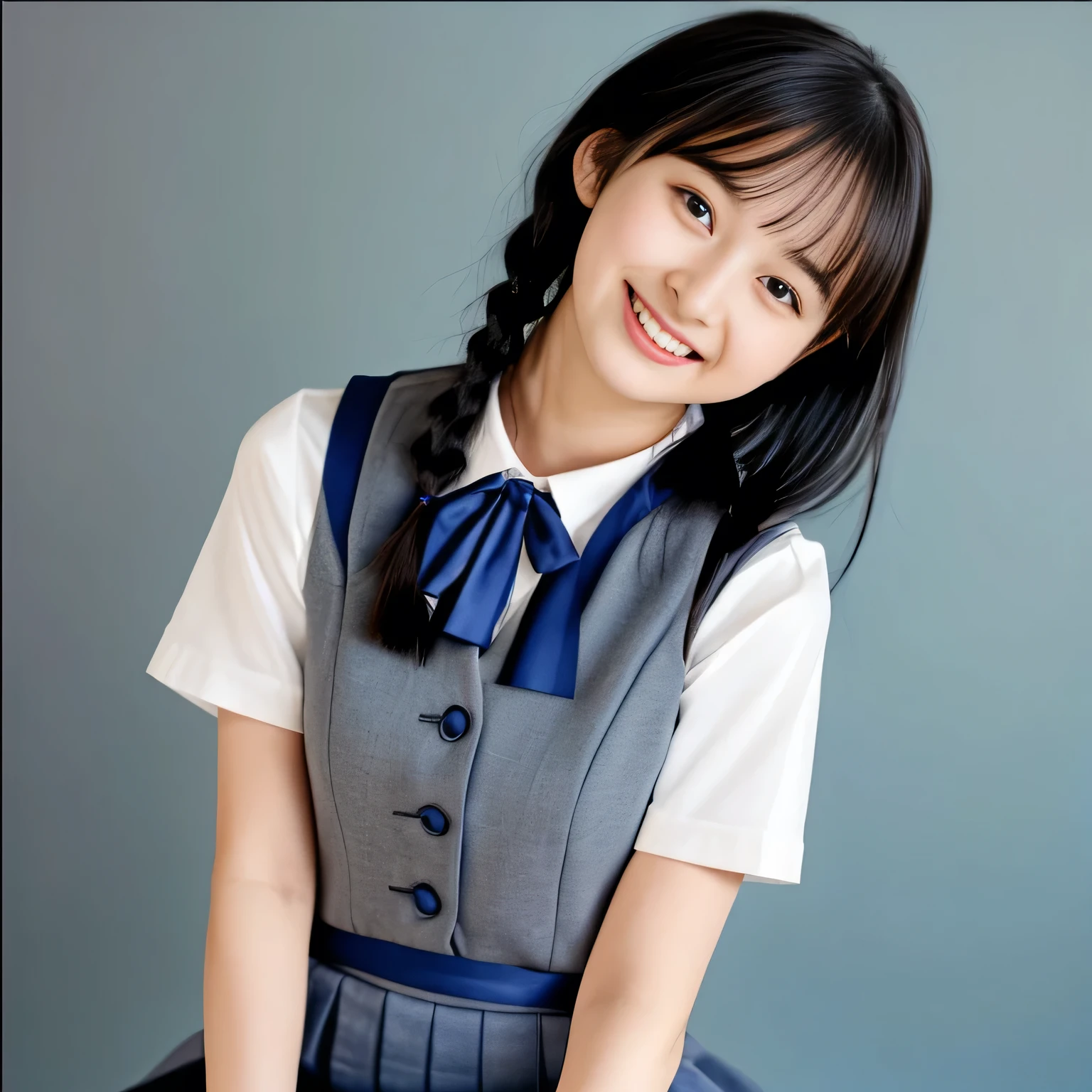 (Highest quality, masterpiece:1.2), Highest quality, High resolution, 1080P, 8k, height: 158cm, (A **** Japanese fashion model is seated, showing her palms, looking at the viewer, showing her cutest smile, using face-whitening cosmetics, prominent cool eyes, opened laughing giggling most open mouth, gray-gray-blue school summer uniform with gray-gray-blue vest and widely-boxed-pleats-short-skirt and silk blouse and red breast ribbon pulled by her hands, twin-braids long hair: 1.5), (white thighs and knees: 1.7), (Well-balanced, prominent, Intelligent, drooping, double-eyelids, brown shiny large prominent eyes with detailed: 1.5), (gray-gray-blue school uniform with gray-gray-blue vest and boxed-pleats-skirt, short-sleeves silk blouse, glossy red breast ribbon: 1.5), ((Beautiful well-figured glossy opened lips like fortissimo soprano singer: 1.2)), (mature breast), (Girl whom everyone loves because of her beauty and beautiful eyes and lovely fashion and noble manner), (Very beautiful, glossy, cute neat black hair, twin-braids hair-style: 1.3), (Drives me crazy for her glossy neat hair and Make me fall into love), (plain blue background: 1.6), (Best style like a **** fashion model, mature breast), (((Completely balanced beautiful big big eyes, looking at me))), (eyes, face and hair are especially beautifully detailed and beautifully drawn: 1.5), (Satisfactory best shot by professional famous photographer for school girl's beauty: 1.5), (The soft white light clearly shows her face extremely white: 1.2), (Very soft laughing cheeks, very soft hands pulling the breast ribbon down, People who touch it feel eternal pleasure: 1.2), (**** nicola fashion magazine model: 1.8)