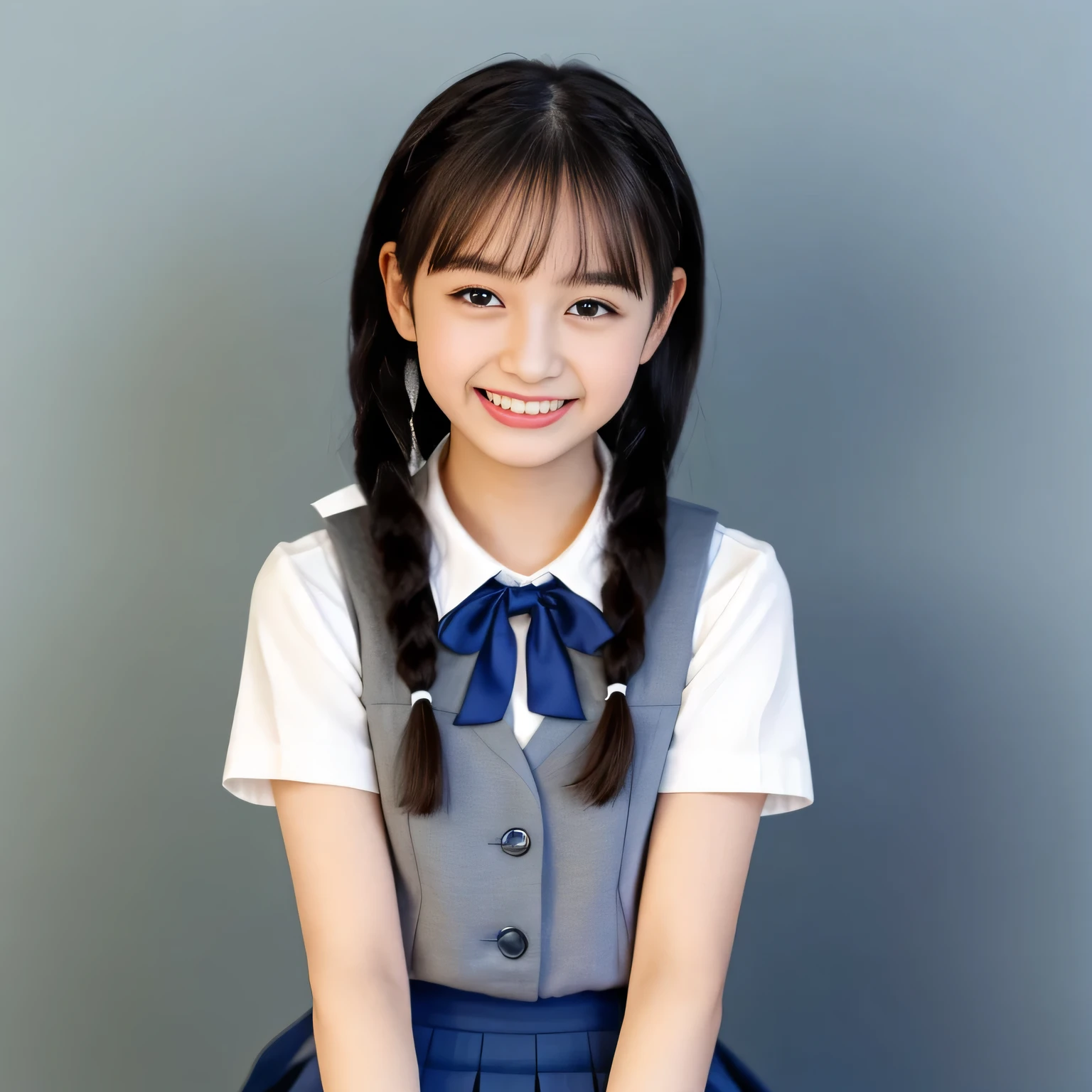 (Highest quality, masterpiece:1.2), Highest quality, High resolution, 1080P, 8k, height: 158cm, (A 13yo Japanese fashion model is seated, showing her palms, looking at the viewer, showing her cutest smile, using face-whitening cosmetics, prominent cool eyes, opened laughing giggling most open mouth, gray-gray-blue school summer uniform with gray-gray-blue vest and widely-boxed-pleats-short-skirt and silk blouse and red breast ribbon pulled by her hands, twin-braids long hair: 1.5), (white thighs and knees: 1.7), (Well-balanced, prominent, Intelligent, drooping, double-eyelids, brown shiny large prominent eyes with detailed: 1.5), (gray-gray-blue school uniform with gray-gray-blue vest and boxed-pleats-skirt, short-sleeves silk blouse, glossy red breast ribbon: 1.5), ((Beautiful well-figured glossy opened lips like fortissimo soprano singer: 1.2)), (mature breast), (Girl whom everyone loves because of her beauty and beautiful eyes and lovely fashion and noble manner), (Very beautiful, glossy, cute neat black hair, twin-braids hair-style: 1.3), (Drives me crazy for her glossy neat hair and Make me fall into love), (plain blue background: 1.6), (Best style like a 13yo fashion model, mature breast), (((Completely balanced beautiful big big eyes, looking at me))), (eyes, face and hair are especially beautifully detailed and beautifully drawn: 1.5), (Satisfactory best shot by professional famous photographer for school girl's beauty: 1.5), (The soft white light clearly shows her face extremely white: 1.2), (Very soft laughing cheeks, very soft hands pulling the breast ribbon down, People who touch it feel eternal pleasure: 1.2), (13yo nicola fashion magazine model: 1.8)