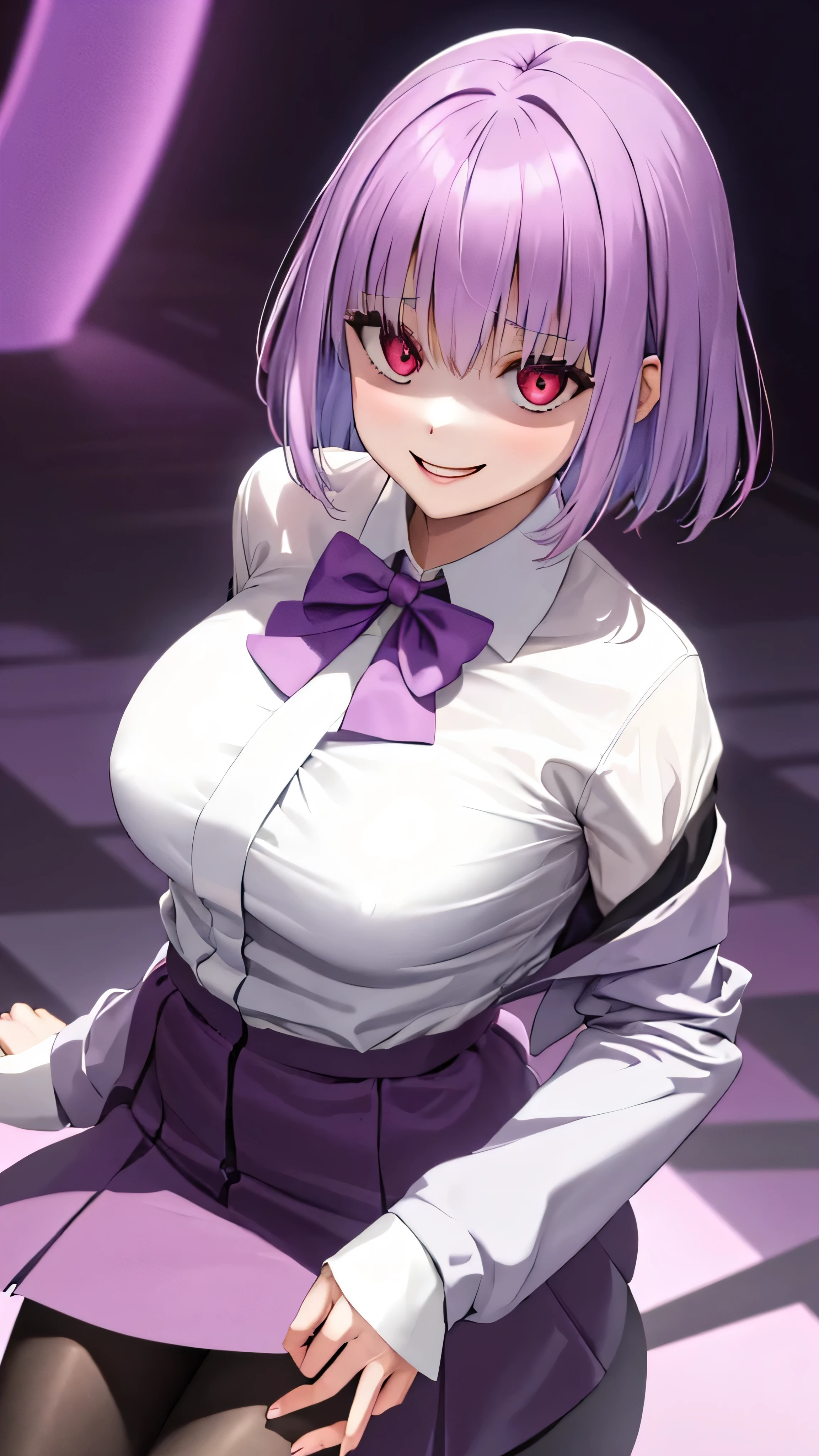 masterpiece, Best Quality,  Kampala, Shinjo Akane, One Girl, Alone, pantyhose, shirt, bow,  purple  jacket,  jacket, white shirt,  Long Sleeve , short hair,, collared shirt, , Open clothes, bowtie, purple bow, Chest, bangs, Red eyes, Off the shoulder, open  jacket,  sleeve is longer than the wrist,  light purple hair , purple bowtie, ,   cowboy shot,Too evil, Overlooking the Audience ,,,Dark shadowed face,Smiling Face,Big Monster ,Dark purple background,Two Hands,Five fingers,Evil Darkness,Sadistic smile,black ink swirl,disturbig purple light 