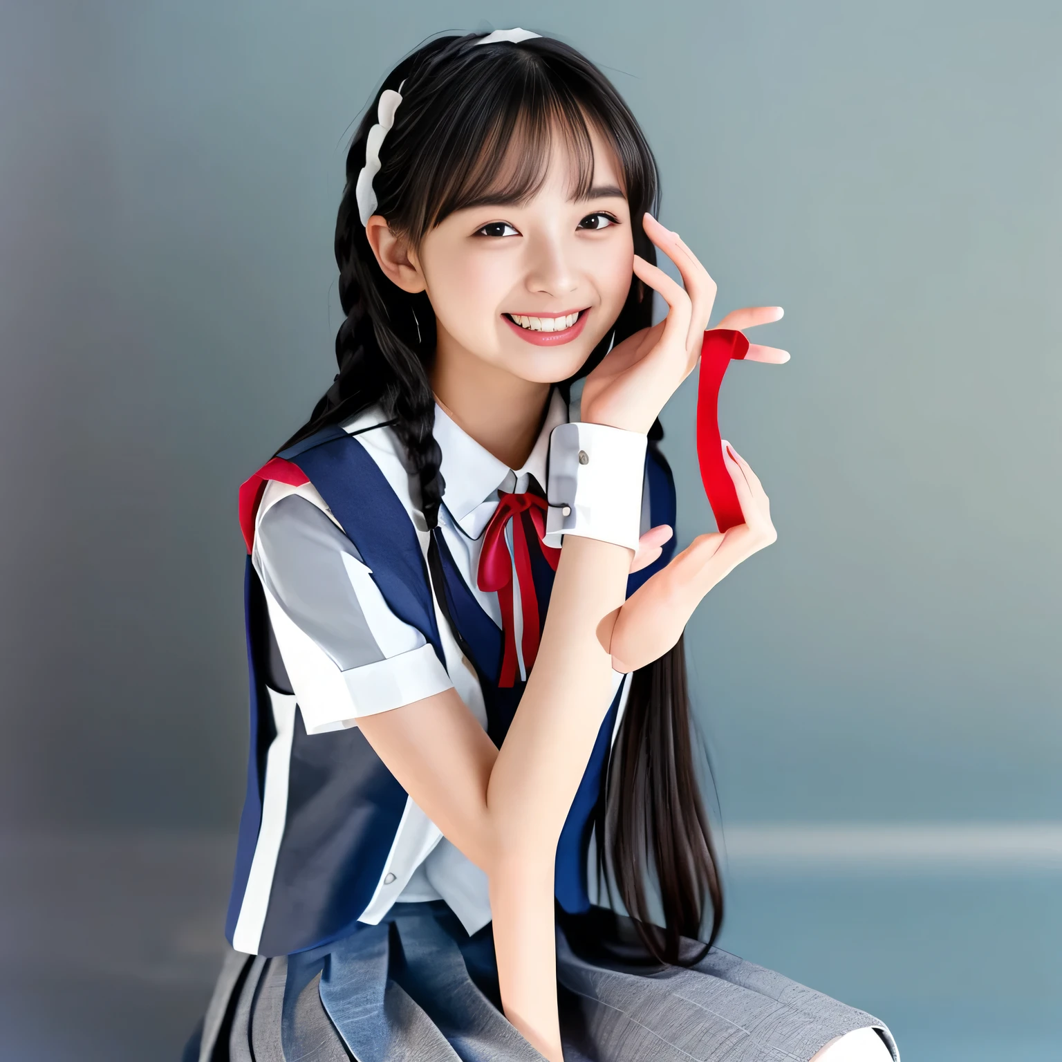 (Highest quality, masterpiece:1.2), Highest quality, High resolution, 1080P, 8k, height: 158cm, (A **** Japanese fashion model is seated, showing her palms, looking at the viewer, showing her cutest smile, using face-whitening cosmetics, prominent cool eyes, opened laughing giggling most open mouth, gray-gray-blue school summer uniform with gray-gray-blue vest and widely-boxed-pleats-short-skirt and silk blouse and red breast ribbon pulled by her hands, twin-braids long hair: 1.5), (white thighs and knees: 1.7), (Well-balanced, prominent, Intelligent, drooping, double-eyelids, brown shiny large prominent eyes with detailed: 1.5), (gray-gray-blue school uniform with gray-gray-blue vest and boxed-pleats-skirt, short-sleeves silk blouse, glossy red breast ribbon: 1.5), ((Beautiful well-figured glossy opened lips like fortissimo soprano singer: 1.2)), (mature breast), (Girl whom everyone loves because of her beauty and beautiful eyes and lovely fashion and noble manner), (Very beautiful, glossy, cute neat black hair, twin-braids hair-style: 1.3), (Drives me crazy for her glossy neat hair and Make me fall into love), (plain blue background: 1.6), (Best style like a **** fashion model, mature breast), (((Completely balanced beautiful big big eyes, looking at me))), (eyes, face and hair are especially beautifully detailed and beautifully drawn: 1.5), (Satisfactory best shot by professional famous photographer for school girl's beauty: 1.5), (The soft white light clearly shows her face extremely white: 1.2), (Very soft laughing cheeks, very soft hands pulling the breast ribbon down, People who touch it feel eternal pleasure: 1.2), (**** nicola fashion magazine model: 1.8)