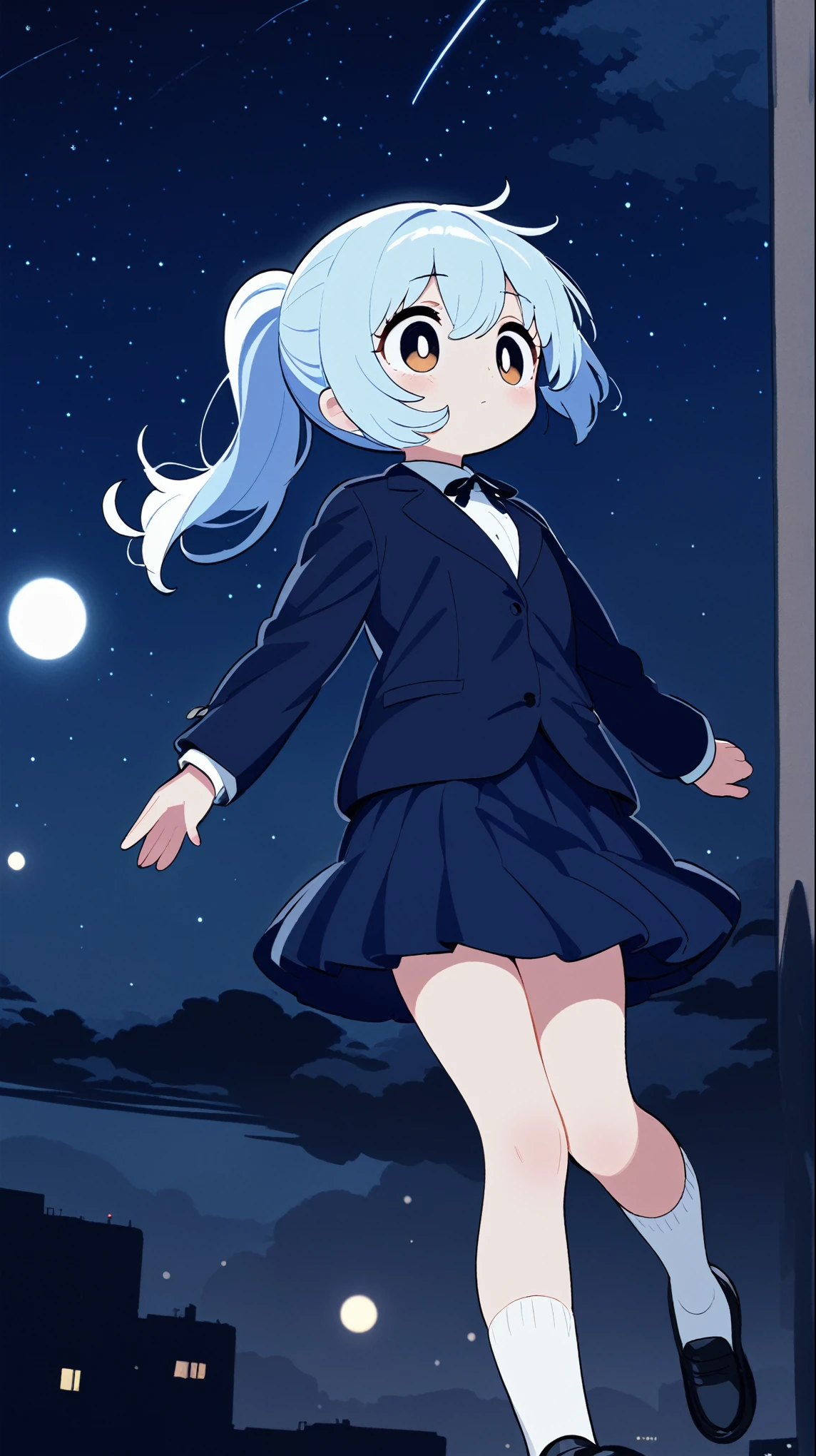 ((Top Quality)), ((Masterpiece)), A girl with light blue hair and a ponytail. She is wearing a navy blue blazer and a navy knee-length skirt. Big eyes, short white socks, and black shoes. Flying in the sky. night. Lonely face. Look at the night sky.