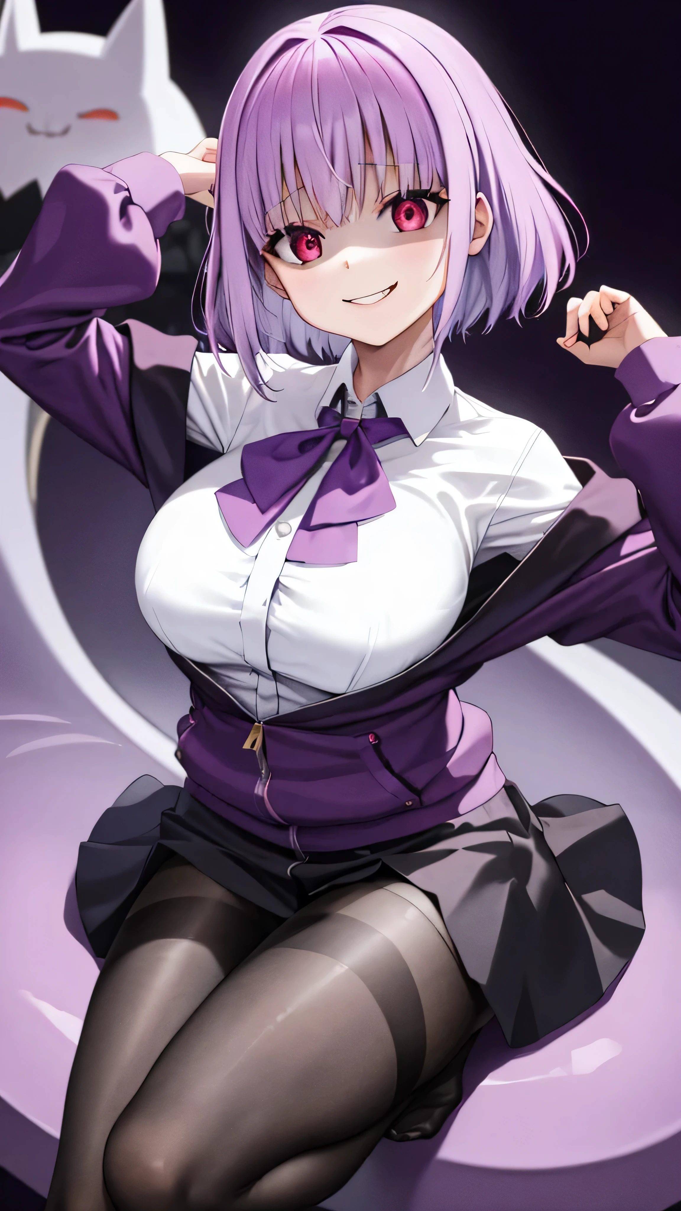 masterpiece, Best Quality,  Kampala, Shinjo Akane, One Girl, Alone, pantyhose, shirt, bow,  purple  jacket,  jacket, white shirt,  Long Sleeve , short hair,, collared shirt, , Open clothes, bowtie, purple bow, Chest, bangs, Red eyes, Off the shoulder, open  jacket,  sleeve is longer than the wrist,  light purple hair , purple bowtie, ,   cowboy shot,Too evil, Overlooking the Audience ,,,Dark shadowed face,Smiling Face,Big Monster ,Dark purple background,Two Hands,Five fingers,Evil Darkness,Sadistic smile,black ink swirl,disturbig purple light 