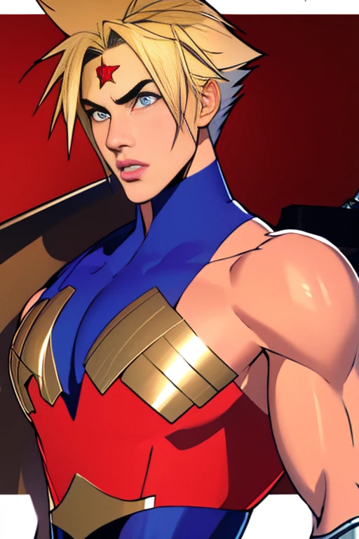 (High-definition CG), ( Best Quality ), (High-definition CG), ( Best Quality ), (Cloud Strife), (Overall view)  Huagai with a cool and handsome face   ,Wonder Woman costume beauty, 18 years old,  Toned and muscular,  With a cool and handsome face , Sharp Eye