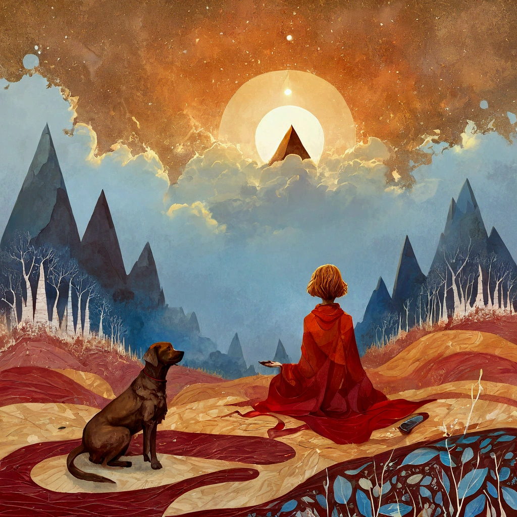 Amanda Clark, Zdzisław Beksiński, Jacek Yerka and Yossi Kotler style mix, surreal whimsical, watercolour and ink illustration, wet-on-wet, loose water effects .Landscape, a wide shot of a ((woman)), view from behind, is sitting, along with her dog (brown) labrador, on wide patchwork blanket, with irregular triangular wefts with warm colors, brown ochre, red, in a clearing of a birch and chestnut forest in autumn. In the background large valleys with high snowy mountains, gradients of blue, white, octane. solar disk with texture of irregular overlay rectangles blu and red gradient color. Zentangle picturesque sky . long field. richly textured
