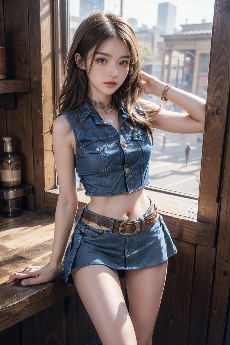 masterpiece,  With content   ,    very detailed, 8k, Realistic,    Soft Focus   ,     attention to beautiful details,   Detailed aspect  , double eyelid,     watch。 one girl doing pranks   , Alone, Beautiful Skin, Human skin, 9-head model 、knees((1 person:2.0))),(((9 head model wearing cowgirl outfit))),(((   low waist denim mini skirt   :1.5))),(((Medium Hair)),(((wearing leather belt))),(((  sleeveless denim shirt with collar. belly button  、Show me your belly、Belly button exposed))),(((  Shapely breasts  ))),(((   short boots   ))),((( tits  、 Exposed chest))),(((   exposed thin inner thighs   ))),(((  Small胸:1.5)B Cup)),Small、   wearing small boobs   、(((Expose your arms))),(((Her hair is brown))),,    beautiful detailed girl  、kneesショット,    very detailed目と顔, 緻密で   beautiful eyes,    very detailed,   High image quality,  With content   , masterpiece,    very detailed,   16K wallpaper  ,    wonderful, finely,  With content   ,   The light hits the face ,,(Night Bar),   beautiful eyes,Being drunk,   Cowboy Shots , For men {x}  For men {x} Accurate hands