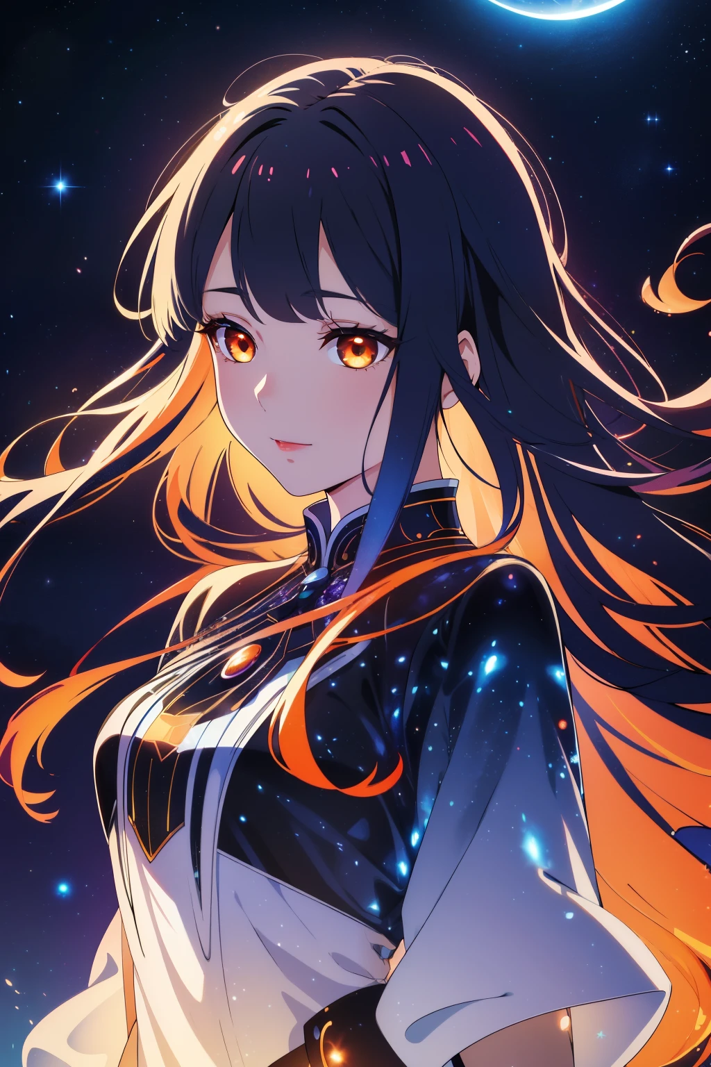 (high-quality, breathtaking),(expressive eyes, perfect face) portrait, 1girl, female, solo, adult woman, Symmetrical Eyes, mum, age late 30's, black abyssal celestial hair, space in hair, light orange eyes, long hair length, soft wavy flowy hair, gentle smile, loose hair, side bangs, looking at viewer, portrait, happy expression, hair like smoke, starry night in hair, white skin, soft red lips, elegant, regal, hair with scenary, half closed eyes, floating in the air, luminous hair, Bioluminescence clothing, blue gradient hair, cowboy shot, medium full shot, tunic, flowly dress, black hole vibe, eclipsed moon