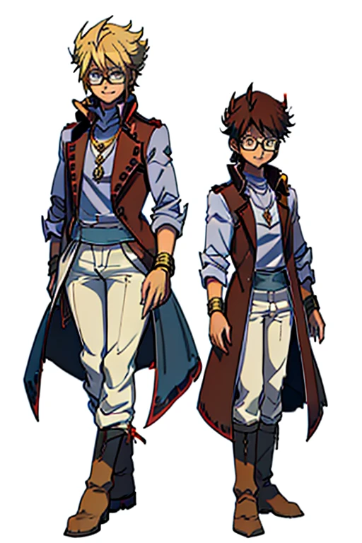 male, blonde short hair, blue eyes, (((1boy))), (((red sleeveless trench coat))), (black shirt), (red sash), (white pants), (tan boots), (gold bracelets), (necklace with gold pendant), (glasses), long legs, smiling