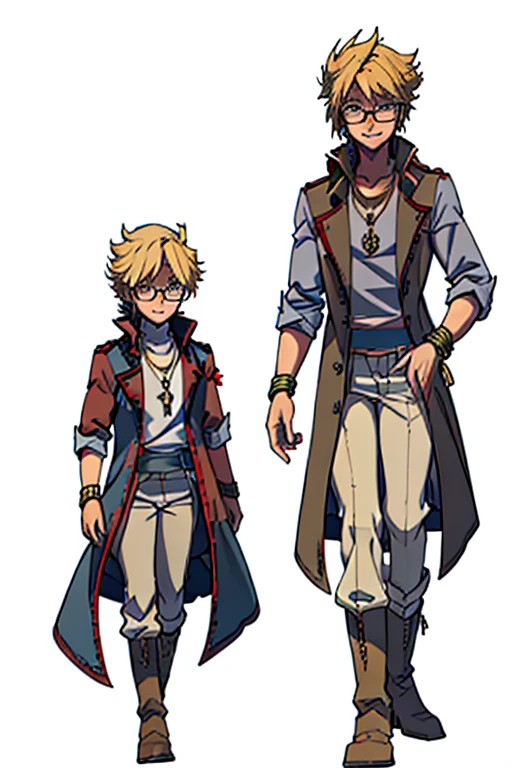 male, blonde short hair, blue eyes, (((1boy))), (((red sleeveless trench coat))), (black shirt), (grey pants), (tan boots), (gold bracelets), (necklace with gold pendant), (glasses), long legs, smiling