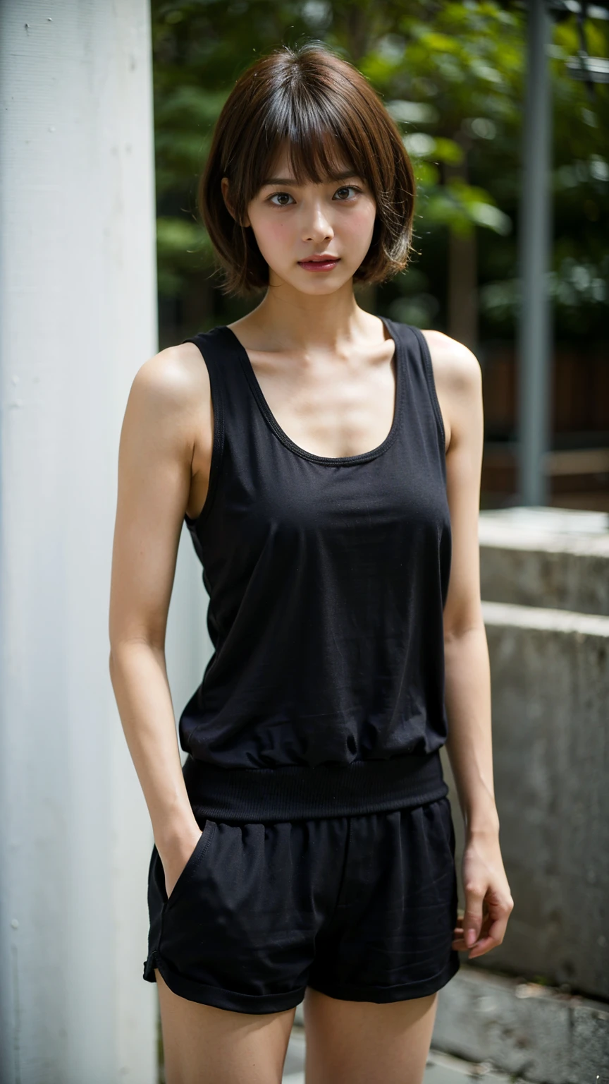 Best quality, 8k, Masterpiece: 1.3, ultra-realistic, close-up of a robot woman in a black elegant tight dress posing for a photo, short black hair in the shape of a fairy, anastasia ovchinnikova, black short hair, short black hair cut in a pixie style, with short hair , Olga Buzova, short black hair, alina ivanchenko, short dark haircut, pixie haircut, pixie haircut, julia gorokhova, short dark hair, Masterpiece, (medium breasts), (perfect body), (short black hair), outdoors, best quality, very high resolution, raw photo, bright sunlight,