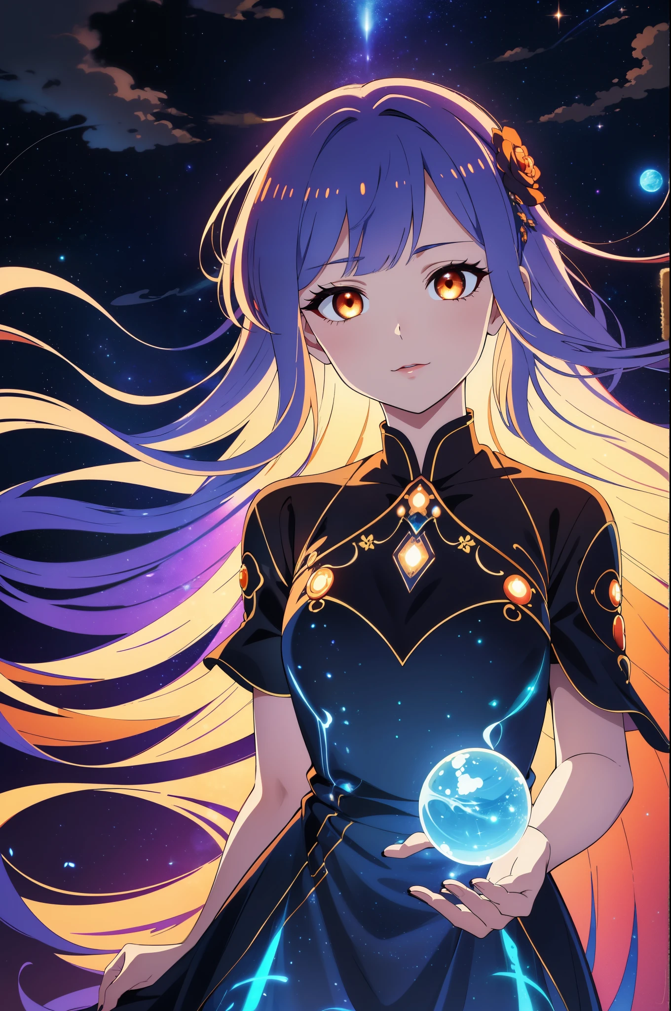 (high-quality, breathtaking),(expressive eyes, perfect face) portrait, 1girl, female, solo, adult woman, Symmetrical Eyes, mum, age late 30's, black abyssal celestial hair, space in hair, light orange eyes, long hair length, soft wavy flowy hair, gentle smile, loose hair, side bangs, looking at viewer, portrait, happy expression, hair like smoke, starry night in hair, white skin, soft red lips, elegant, regal, hair with scenary, half closed eyes, floating in the air, luminous hair, Bioluminescence clothing, blue gradient hair, cowboy shot, medium full shot, tunic, flowly dress, black hole vibe, eclipsed moon
