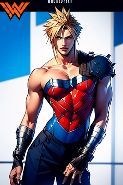 (High-definition CG), ( Best Quality ), (High-definition CG), ( Best Quality ), (Cloud Strife), (Overall view)   Huagai    , Wonder Woman costume beauty with a cool and handsome face , 18 years old,   toned and muscular ,  With a cool and handsome face  , SharpEye