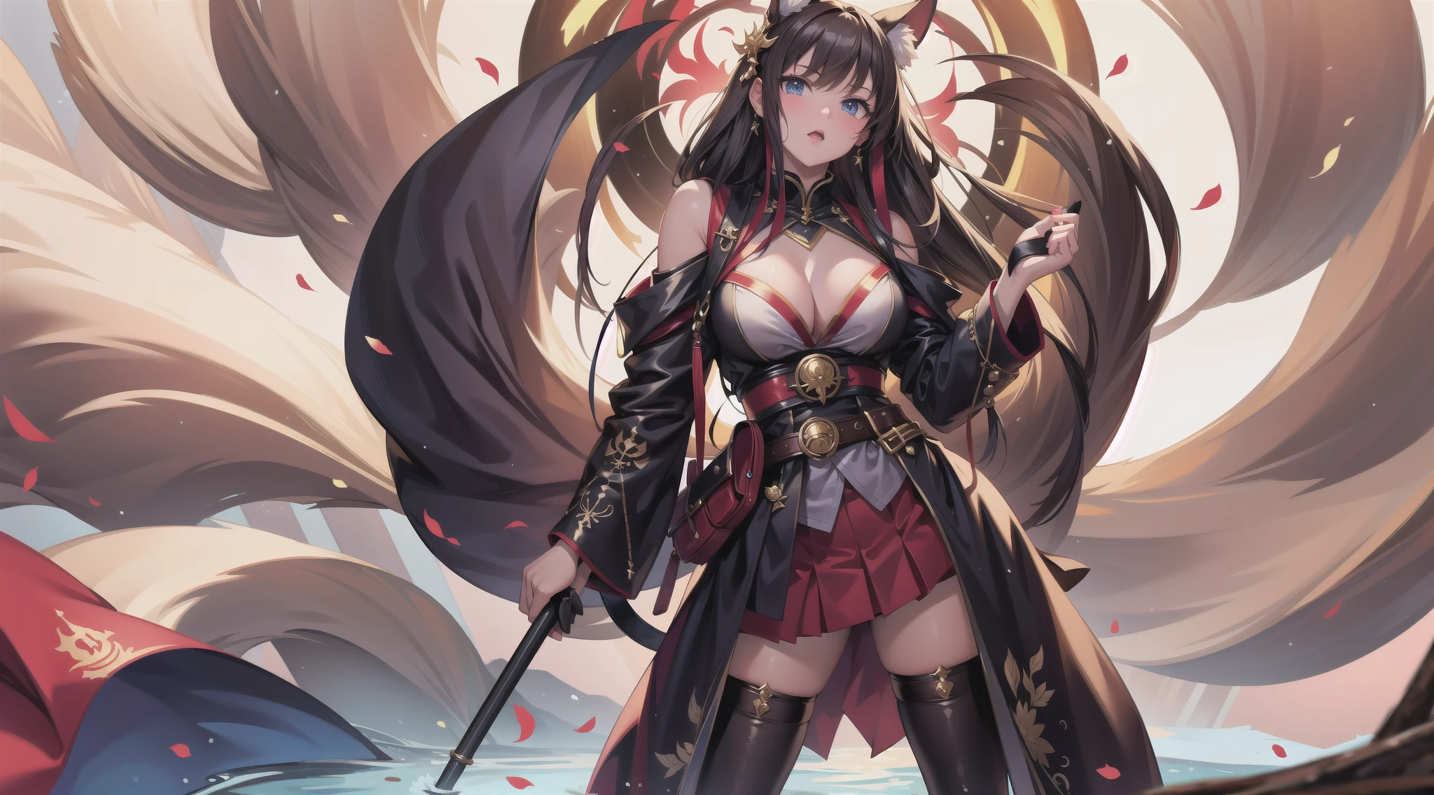 Black long straight hair woman,Japan Armor,Half naked,cleavage,Hood cloth,Bare Legs,Japanese Shrines