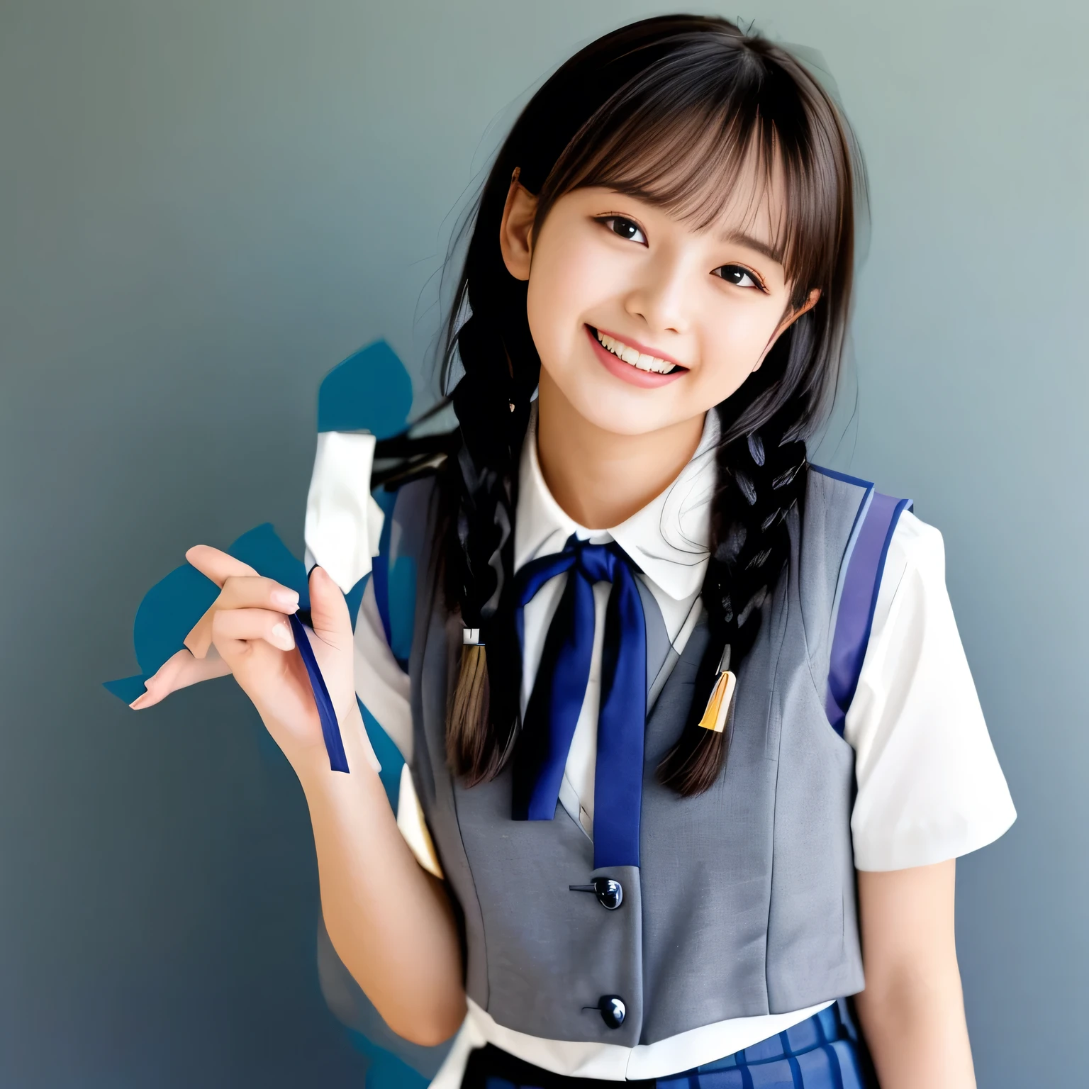 (Highest quality, masterpiece:1.2), Highest quality, High resolution, 1080P, 8k, height: 158cm, (A **** Japanese fashion model is seated, showing her palms, looking at the viewer, showing her cutest smile, very white face, using face-whitening cosmetics, prominent cool eyes, opened laughing giggling most open mouth, gray-gray-blue school summer uniform with gray-gray-blue vest and widely-boxed-pleats-short-skirt and silk blouse and red breast ribbon pulled by her hands, twin-braids long hair: 1.5), (white thighs and knees: 1.7), (Well-balanced, prominent, Intelligent, drooping, double-eyelids, brown shiny large prominent eyes with detailed: 1.5), (gray-gray-blue school uniform with gray-gray-blue vest and boxed-pleats-skirt, short-sleeves silk blouse, glossy red breast ribbon: 1.5), ((Beautiful well-figured glossy opened lips like fortissimo soprano singer: 1.2)), (mature breast), (Girl whom everyone loves because of her beauty and beautiful eyes and lovely fashion and noble manner), (Very beautiful, glossy, cute neat black hair, twin-braids hair-style: 1.3), (Drives me crazy for her glossy neat hair and Make me fall into love), (plain blue background: 1.6), (Best style like a **** fashion model, mature breast), (((Completely balanced beautiful big big eyes, looking at me))), (eyes, face and hair are especially beautifully detailed and beautifully drawn: 1.5), (Satisfactory best shot by professional famous photographer for school girl's beauty: 1.5), (The soft white light clearly shows her face extremely white: 1.2), (Very soft laughing cheeks, very soft hands pulling the breast ribbon down, People who touch it feel eternal pleasure: 1.2), (**** nicola fashion magazine model: 1.8)