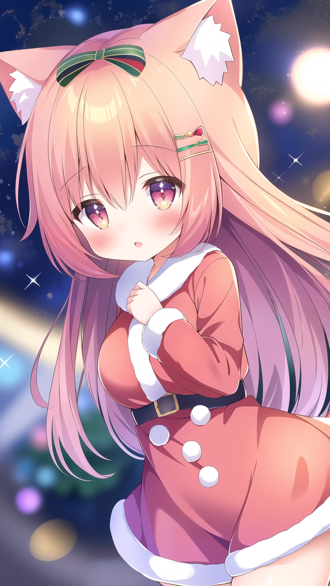 1girl、Low angle、ribbon、anime、yellow Hairstyles、 High Resolution  、detailed、 skin texture、 stripe pattern 、Santa clothes、cheek、Beautiful sparkling pink eyes、Gentle droopy eyes、Cat ears、valley、Embarrassing、cute、Wide angle、Illustration with movement、 Full Body Shot , Santa Costumes、 gaze realistically , 