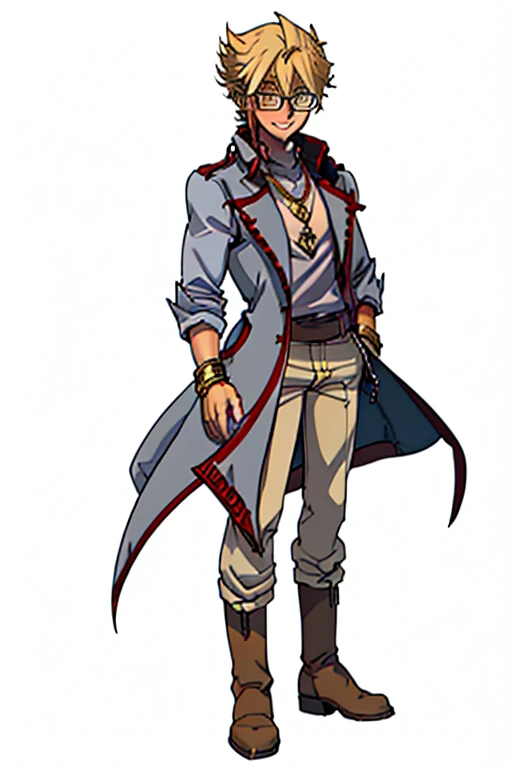 male, blonde short hair, blue eyes, (((1boy))), (((red sleeveless trench coat))), (black shirt), (grey pants), (tan boots), (gold bracelets), (necklace with gold pendant), (glasses), long legs, smiling