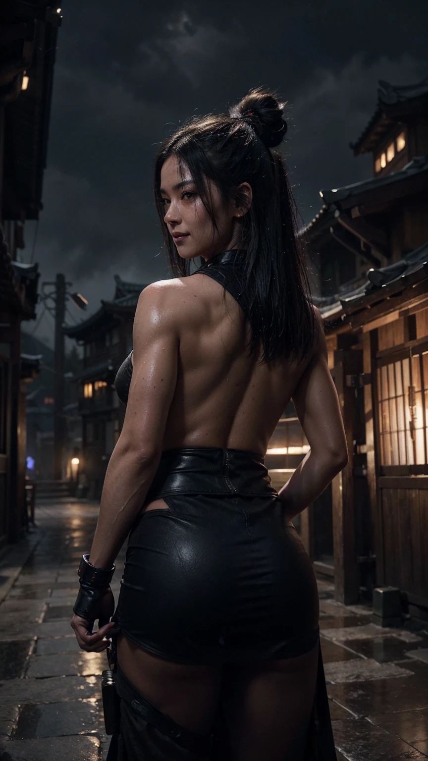 2 highly muscular female cyberpunk Samurai with 1 katana, the upper coltes are made of net. micro thorso, smiling, detailed abs and muscles, detailed face, dark outfit, serious expression, glowing katana blade in hands or back, dynamic pose/pov, on a chinese ancient roof, Fullmoon, its raining and wet, in a misty olde chines village at night dark moody lighting, cinematic angle, hyperrealistic, digital art, illustrationUHD, masterpiece, accurate, textured skin, anatomically correct, high details, high quality, award winning, super detail, best quality, highres, 16k