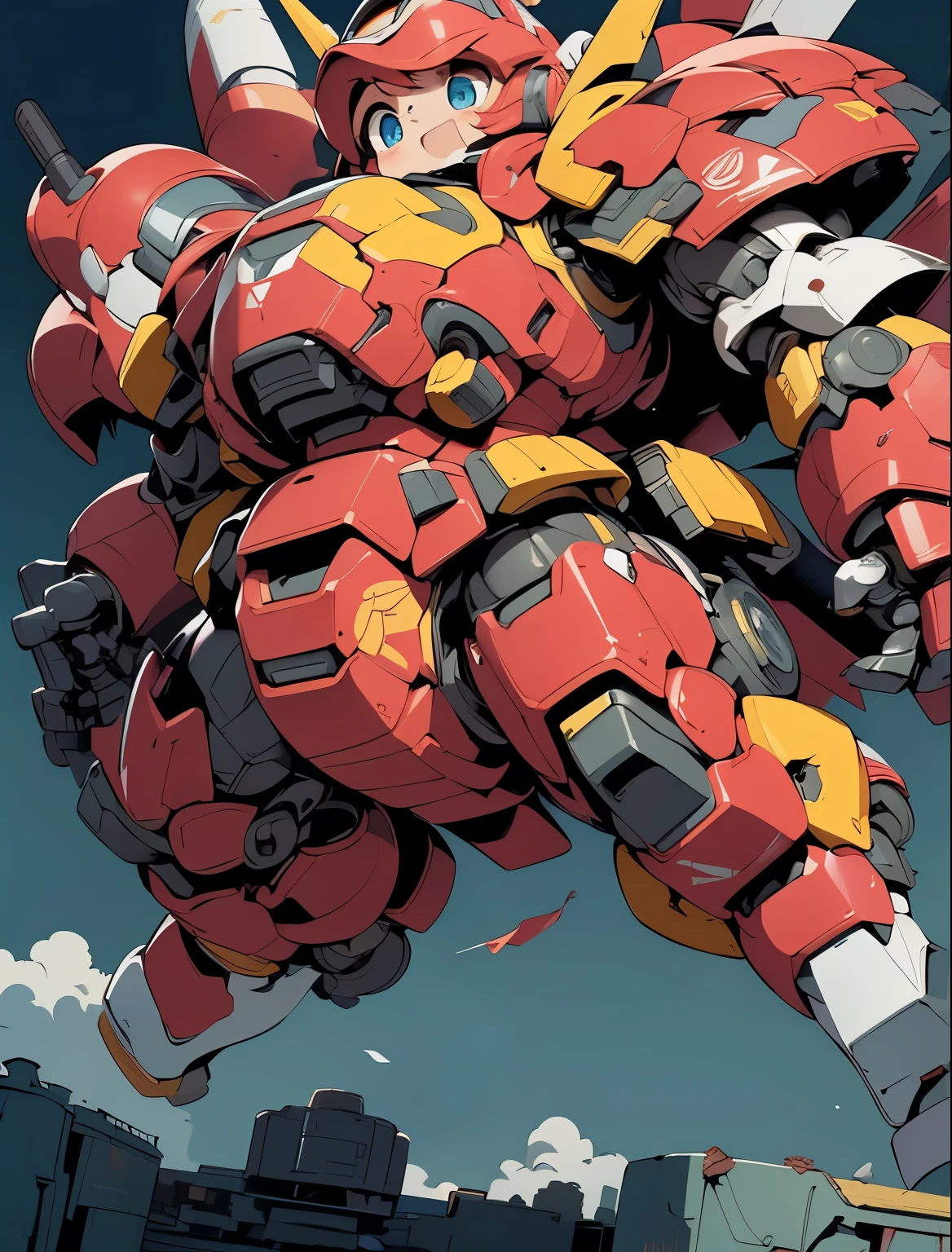 (((1 chibi girl in large red-colored robot costume, from below))), ssmile, (holding weapons), (chibi), (bulky:1.8), (((helmet:1.5))), large cute face, (((looking down:1.5))), mechanical parts, ((mechanical wings)), (full armor:1.8), (mecha armor:1.8), (shoulder guards:1.2),(huger arms), ((mechanical arms:1.5)), (short legs), (huger body:1.8), (heavy equipment:1.6), (from below), blue sky, white clouds, robot joints, becoming a mecha, mecha, (RARS), (HRS), ROBOTANIMESTYLE, BJ_Cute_Mech,cute, girl BREAK ((masterpiece)), vibrant colors, 8k, best quality, ultra detailed illustration, ((best quality)), ((high resolution)), flawless skin textures, shiny oiled skin, extremely detailed anime eyes , extreme light and shadow