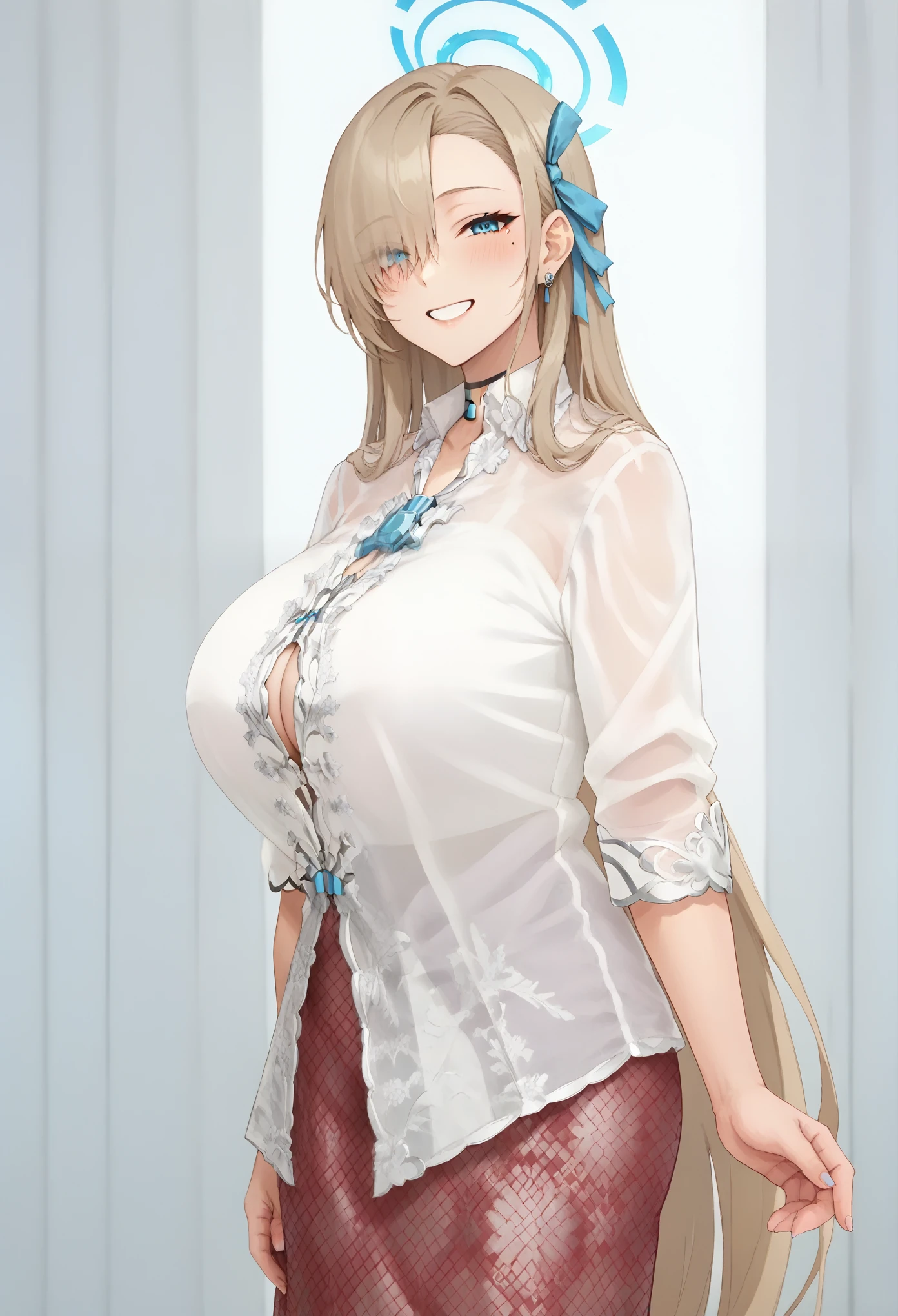 score_9, score_8_up, score_7_up, masterpiece, best quality, source_anime , BREAK 1girl, asuna ichinose, blonde hair, blue eyes, hair bow, hair ornament, hair over one eye, halo, long hair, mole on breast, mechanical halo, huge breasts, see-trough, white shirt, cleavage, shirt, skirt, kebaya dress, naughty smile, looking at viewer, anime screencrap, looking at viewer, indoors, ass focus, side view