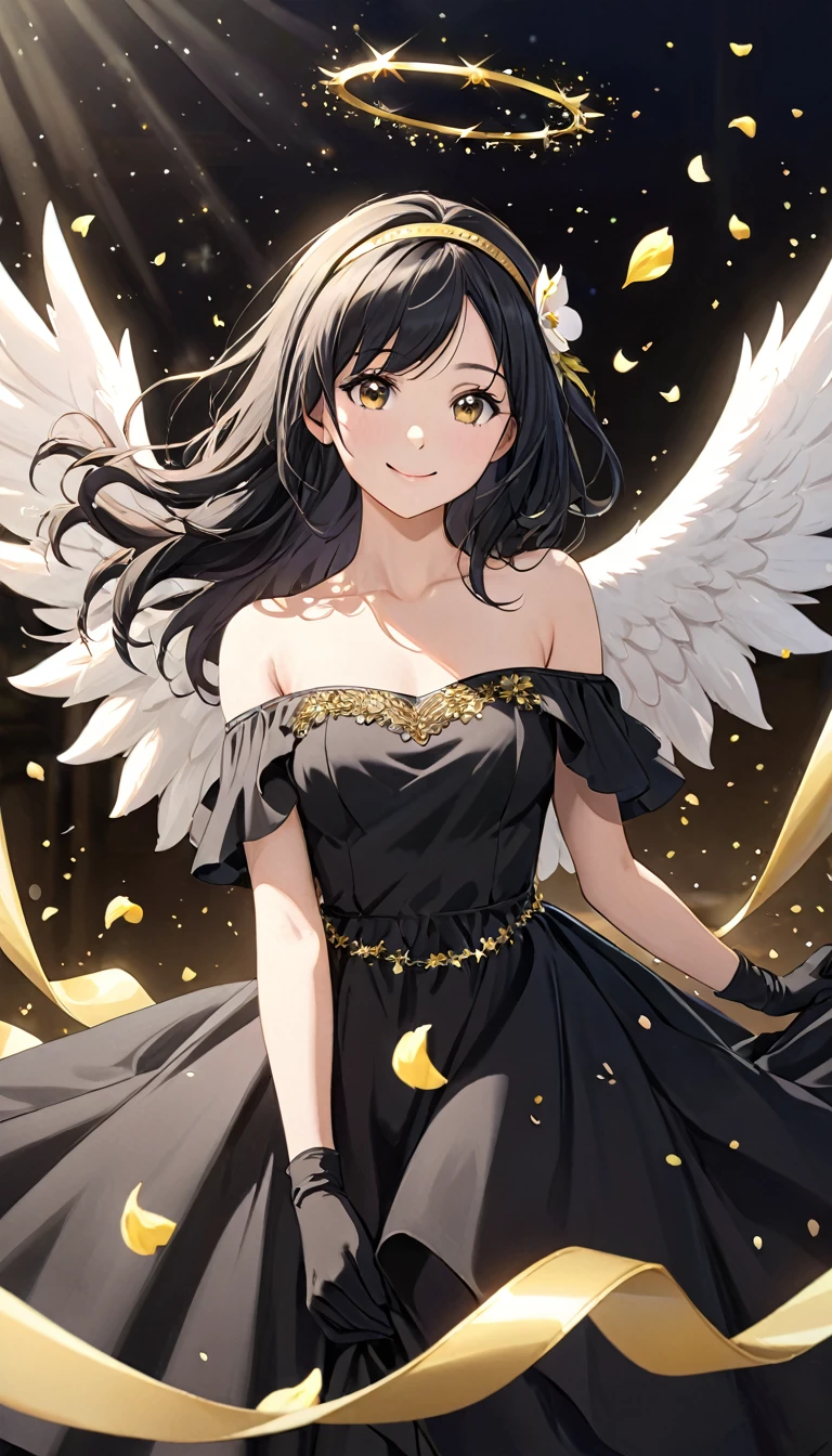 1 girl, Angel Wings,  beautiful woman, ( photorealistic ), black dress, black gloves,  black hair , smile, cowboy shot, dress, toys,  Floating hair, gloves, gold toys, gold headband, hair flower, hair ornament, ((headband)), joy, Light particles,  long hair,  eye viewer, off-the-shoulder dress, Droopy shoulder , petals, Rocha lateral, Alone, Thorn, beautiful dress,  double-sided fabric , ((masterpiece))  