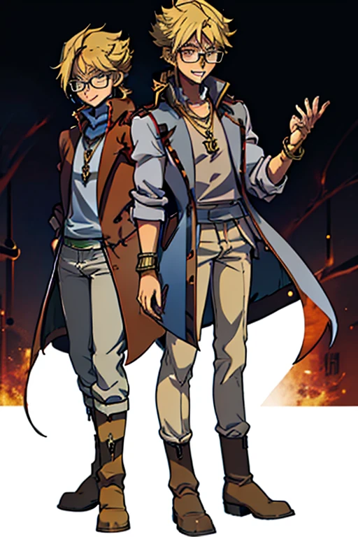 male, blonde short hair, blue eyes, (((1boy))), (((red sleeveless trench coat))), (black shirt), (grey pants), (tan boots), (gold bracelets), (necklace with gold pendant), (glasses), long legs, smiling