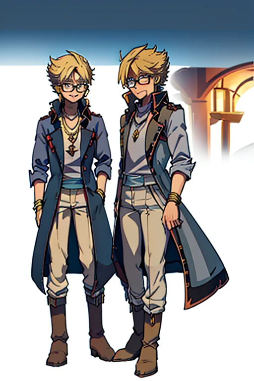 male, blonde short hair, blue eyes, (((1boy))), (((red sleeveless trench coat))), (black shirt), (grey pants), (tan boots), (gold bracelets), (necklace with gold pendant), (glasses), long legs, smiling