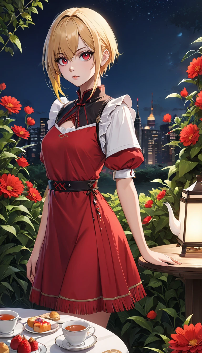 (Masterpiece), (anime style),(Ultra-realistic,  highres icon,  best quality , 4K, professional, cowboy shot),  a Full HD illustration showing the cool style of a 21 year old girl, beauty eyes, sharp eyes.  Her asymmetric Pixie hairstyle ,  long Viking style hair , Blonde hair,   fringe turned to the left with red highlights make her stand out . standing.  She is dressed in an elegant red party dress  , night, lua, tea party, sitting, tea party on the table, flower garden,  exuding confidence and individuality .