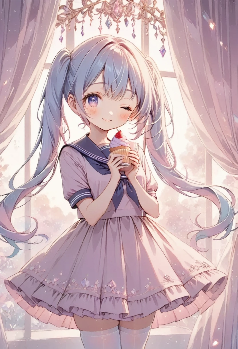 cute anime girl, crystal, pastel,
Low Fidelity (lofi) art style,
pastel pink and purple tones,
soft orange, twin-tails, mauve blue hair, school sailor, holding a cupcake, smile,one eye closed, intricate details, pastel colors, white stockings, elegant background with soft curtains, bright lighting, adorable pose, kawaii style, sweet and innocent vibe, fantasy ambiance, soft glow