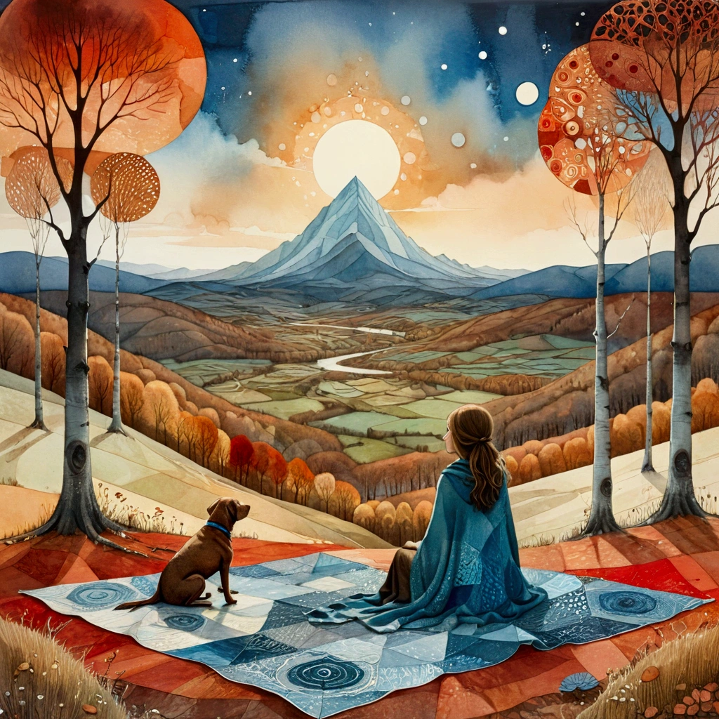 Amanda Clark, Zdzisław Beksiński, Jacek Yerka and Yossi Kotler style mix, surreal whimsical, watercolour and ink illustration, wet-on-wet, loose water effects .Landscape, a wide shot of a ((woman)), view from behind, is sitting, along with her dog (brown) labrador, on wide patchwork blanket, with irregular triangular wefts with warm colors, brown ochre, red, in a clearing of a birch and chestnut forest in autumn. In the background large valleys with high snowy mountains, gradients of blue, white, octane. solar disk with texture of irregular overlay rectangles blu and red gradient color. Zentangle picturesque sky . long field. richly textured
