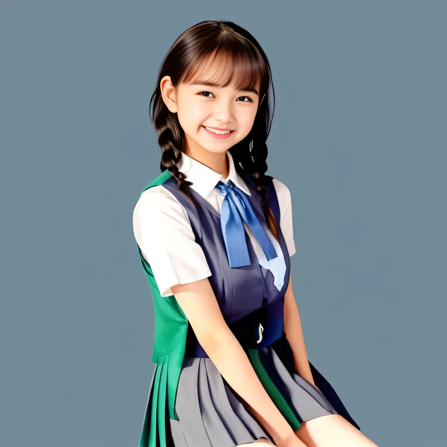 (Highest quality, masterpiece:1.2), Highest quality, High resolution, 1080P, 8k, height: 158cm, (A 13yo Japanese fashion model is seated, showing her palms, looking at the viewer, showing her cutest smile, very white face, using face-whitening cosmetics, prominent cool eyes, opened laughing giggling most open mouth, gray-gray-blue school summer uniform with gray-gray-blue vest and widely-boxed-pleats-short-skirt and silk blouse and red breast ribbon pulled by her hands, twin-braids long hair: 1.5), (white thighs and knees: 1.7), (Well-balanced, prominent, Intelligent, drooping, double-eyelids, brown shiny large prominent eyes with detailed: 1.5), (gray-gray-blue school uniform with gray-gray-blue vest and boxed-pleats-skirt, short-sleeves silk blouse, glossy red breast ribbon: 1.5), ((Beautiful well-figured glossy opened lips like fortissimo soprano singer: 1.2)), (mature breast), (Girl whom everyone loves because of her beauty and beautiful eyes and lovely fashion and noble manner), (Very beautiful, glossy, cute neat black hair, twin-braids hair-style: 1.3), (Drives me crazy for her glossy neat hair and Make me fall into love), (plain blue background: 1.6), (Best style like a 13yo fashion model, mature breast), (((Completely balanced beautiful big big eyes, looking at me))), (eyes, face and hair are especially beautifully detailed and beautifully drawn: 1.5), (Satisfactory best shot by professional famous photographer for school girl's beauty: 1.5), (The soft white light clearly shows her face extremely white: 1.2), (Very soft laughing cheeks, very soft hands pulling the breast ribbon down, People who touch it feel eternal pleasure: 1.2), (13yo nicola fashion magazine model: 1.8)