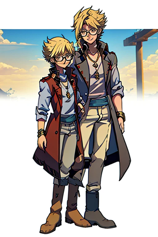 male, blonde short hair, blue eyes, (((1boy))), (((red sleeveless trench coat))), (black shirt), (grey pants), (tan boots), (gold bracelets), (necklace with gold pendant), (glasses), long legs, smiling