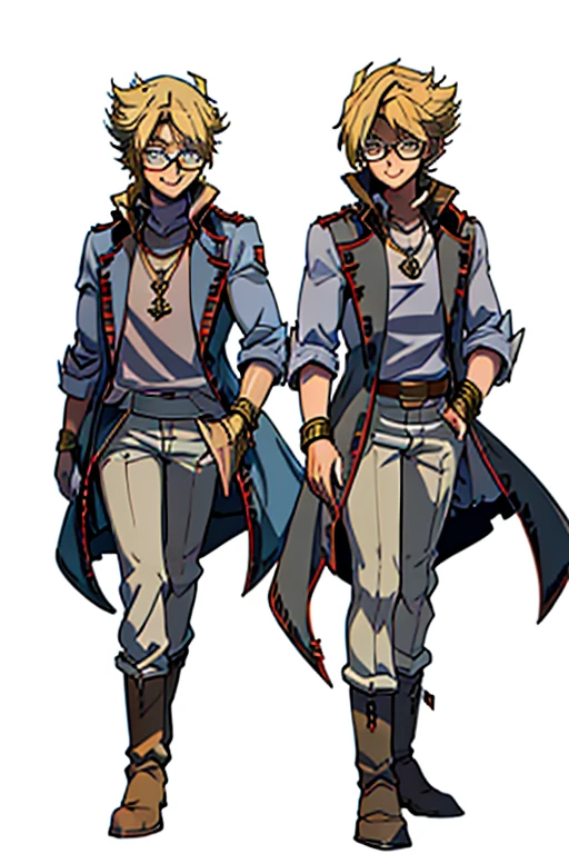 male, blonde short hair, blue eyes, (((1boy))), (((red sleeveless trench coat))), (black shirt), (grey pants), (tan boots), (gold bracelets), (necklace with gold pendant), (glasses), long legs, smiling