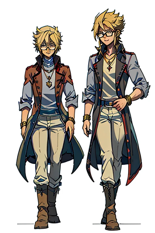 male, blonde short hair, blue eyes, (((1boy))), (((red sleeveless trench coat))), (black shirt), (grey pants), (tan boots), (gold bracelets), (necklace with gold pendant), (glasses), long legs, smiling