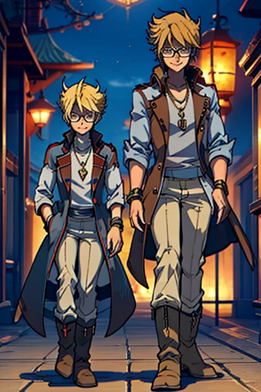 male, blonde short hair, blue eyes, (((1boy))), (((red sleeveless trench coat))), (black shirt), (grey pants), (tan boots), (gold bracelets), (necklace with gold pendant), (glasses), long legs, smiling