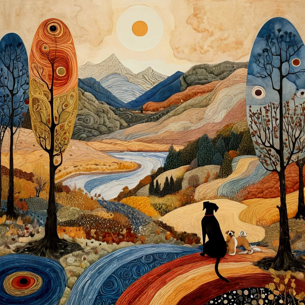 dry ink brush, style of Hundertwasser, figurative style of Paul Klee, style of Egon Schiele, style of Naoto Hattori, style of Rennie Macintosh, effusive, smooth lines, consistent, realism .Landscape, a wide shot of a ((woman)), view from behind, is sitting, along with her dog (brown) labrador, on wide patchwork blanket, with irregular triangular wefts with warm colors, brown ochre, red, in a clearing of a birch and chestnut forest in autumn. In the background large valleys with high snowy mountains, gradients of blue, white, octane. solar disk with texture of irregular overlay rectangles blu and red gradient color. Zentangle picturesque sky . long field. richly textured
