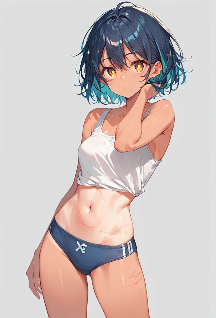  score_9,  score_8_up,  score_7_up, sauce_Anime,  high resolution images, masterpiece, Best Quality, 8k,  girl,  cute face, Beautiful Skin, Sparkling Hair,  super detailed eyes ,  simple background ,  sunburn marks, underwear, 