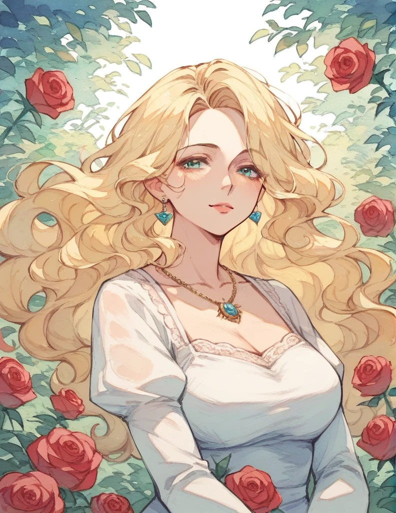 colorful,Watercolor,Mature,Blonde,princess,Long wavy hair, Rose, Closeup 