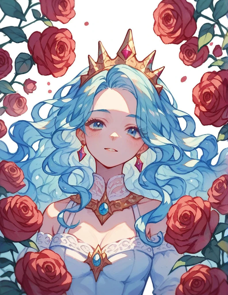 colorful,Watercolor,princess,Long wavy hair,Buried in roses, Closeup 