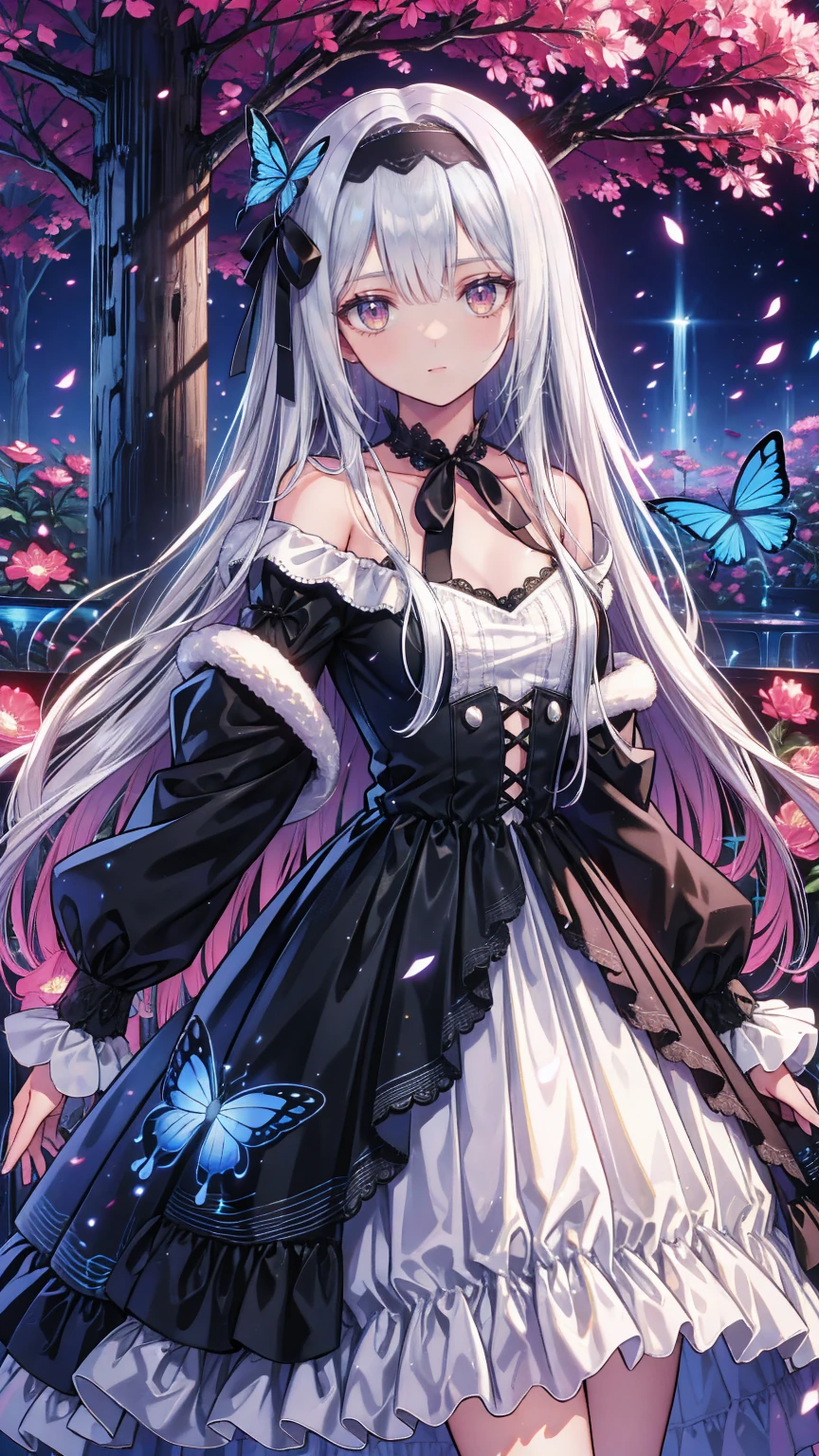 Absurd,  high resolution on down, Super detailed,  high resolution on down,  Masterpiece」, Super detailed picture,   highly detailed face and eyes , suigintou, Silvery white hair,  Expressive Red Eyes ,  Maiden Rose , Alone, woman,  very beautiful, Purple Flower, Park, FOUNTAIN, purple tree, Purple butterfly々,  wear a black headband with black lace The top of the ,  The headband has 2 black ribbons at each end ;  The headband also has a black rosette on each shoulder ,  with a black neck bow tied around her neck ,  and her dress is white and black ,  The chest also has the same rosettes as the headband ,  dress is also decorated with black lace and white ruffles,  The sleeves of the dress are fluffy on each shoulder 