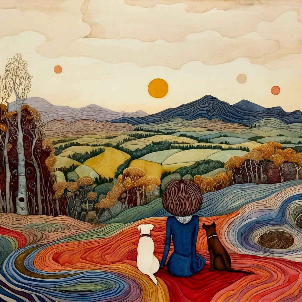 dry ink brush, style of Hundertwasser, figurative style of Paul Klee, style of Egon Schiele, style of Naoto Hattori, style of Rennie Macintosh, effusive, smooth lines, consistent, realism .Landscape, a wide shot of a ((woman)), view from behind, is sitting, along with her dog (brown) labrador, and her three daughters, a with blonde hair, a with black hair, a with brown hair, on wide patchwork blanket, with irregular triangular wefts with warm colors, brown ochre, red, in a clearing of a birch and chestnut forest in autumn. In the background large valleys with high snowy mountains, gradients of blue, white, octane. solar disk with texture of irregular overlay rectangles blu and red gradient color. Zentangle picturesque sky . long field. richly textured
