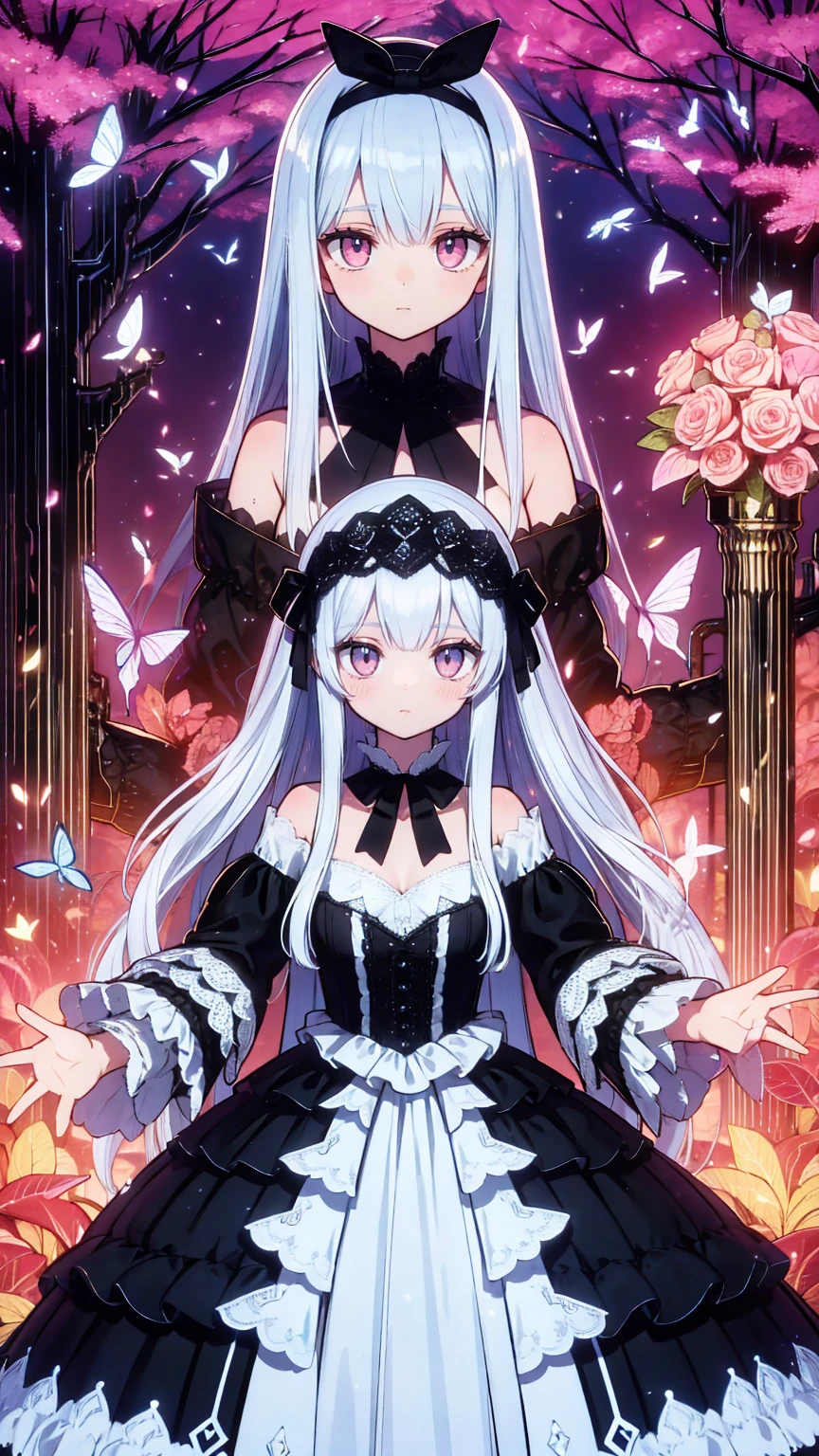 Absurd,  high resolution on down, Super detailed,  high resolution on down,  Masterpiece」, Super detailed picture,   highly detailed face and eyes , suigintou, Silvery white hair,  Expressive Red Eyes ,  Maiden Rose , Alone, woman,  very beautiful, Purple Flower, Park, FOUNTAIN, purple tree, Purple butterfly々,  wear a black headband with black lace The top of the ,  The headband has 2 black ribbons at each end ;  The headband also has a black rosette on each shoulder ,  with a black neck bow tied around her neck ,  and her dress is white and black ,  The chest also has the same rosettes as the headband ,  dress is also decorated with black lace and white ruffles,  The sleeves of the dress are fluffy on each shoulder 